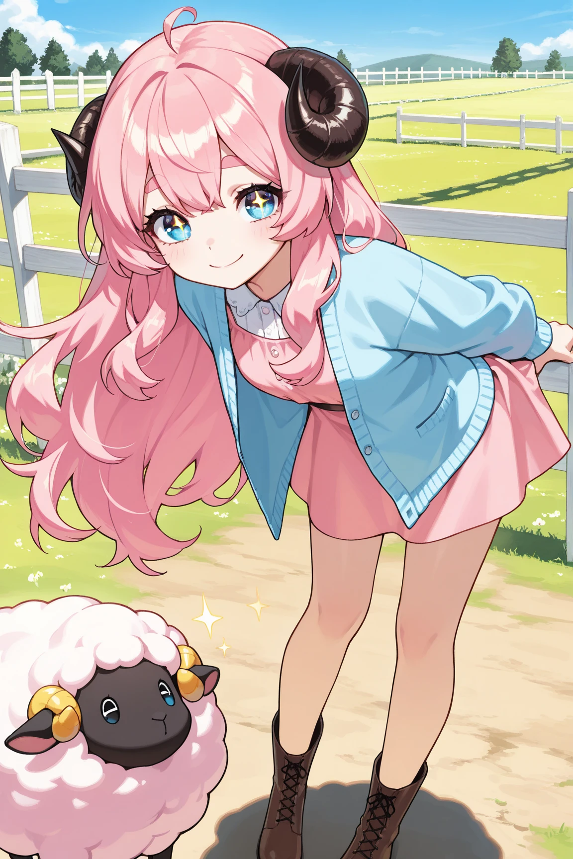 ((score_9, score_8_up, score_7_up, Top Quality)), ((Excellent)), (extremely detailed, absurdres, very aesthetic),  (highly detailed background, lighting), (1girl, Pink fluffy long hair, Gentle and thick eyebrows: 1.1, rounded ram horns, :1.2,  Eyes as absurdly beautiful as jewels, Your eyes are sparkling, Beautiful long eyelashes:1.3, strong eyes, Pink dress, sky blue cardigan, brown boots, Pick up the hem of your skirt, smile, Bend your waist) BREAK Natural elements, fantastical features, light and shadow effects, color and atmosphere BREAK (Aristocratic mansion, red carpeted corridor, beautiful sunlight filtering through the windows, beautiful depiction of trees, sophisticated furnishings)