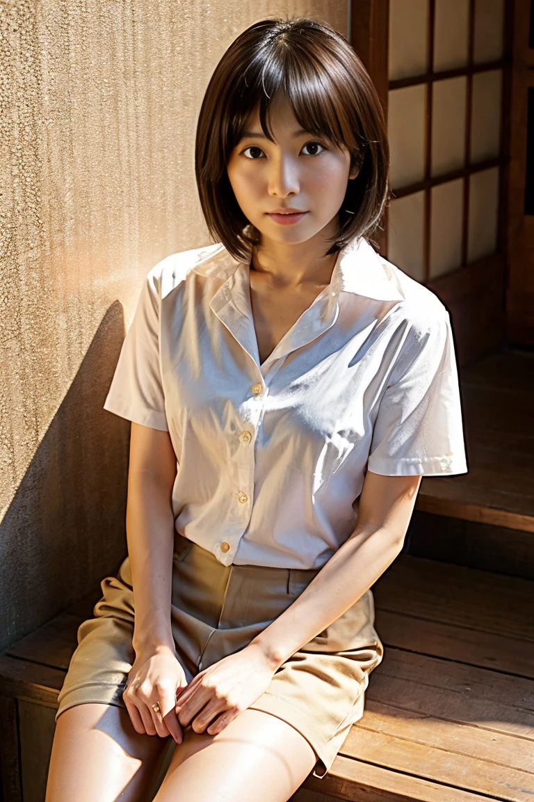 (RAW Photos:1.2), (Realistic), arafed woman with a necklace and a white shirt posing for a picture, with short hair, style of yoshii chie, kiyoko suzuki, narumi kakinouchi, Yoshitomo Nara, mutsumi akasaki, artist arata yokoyama, Chiho, shiori teshirogi,60years old