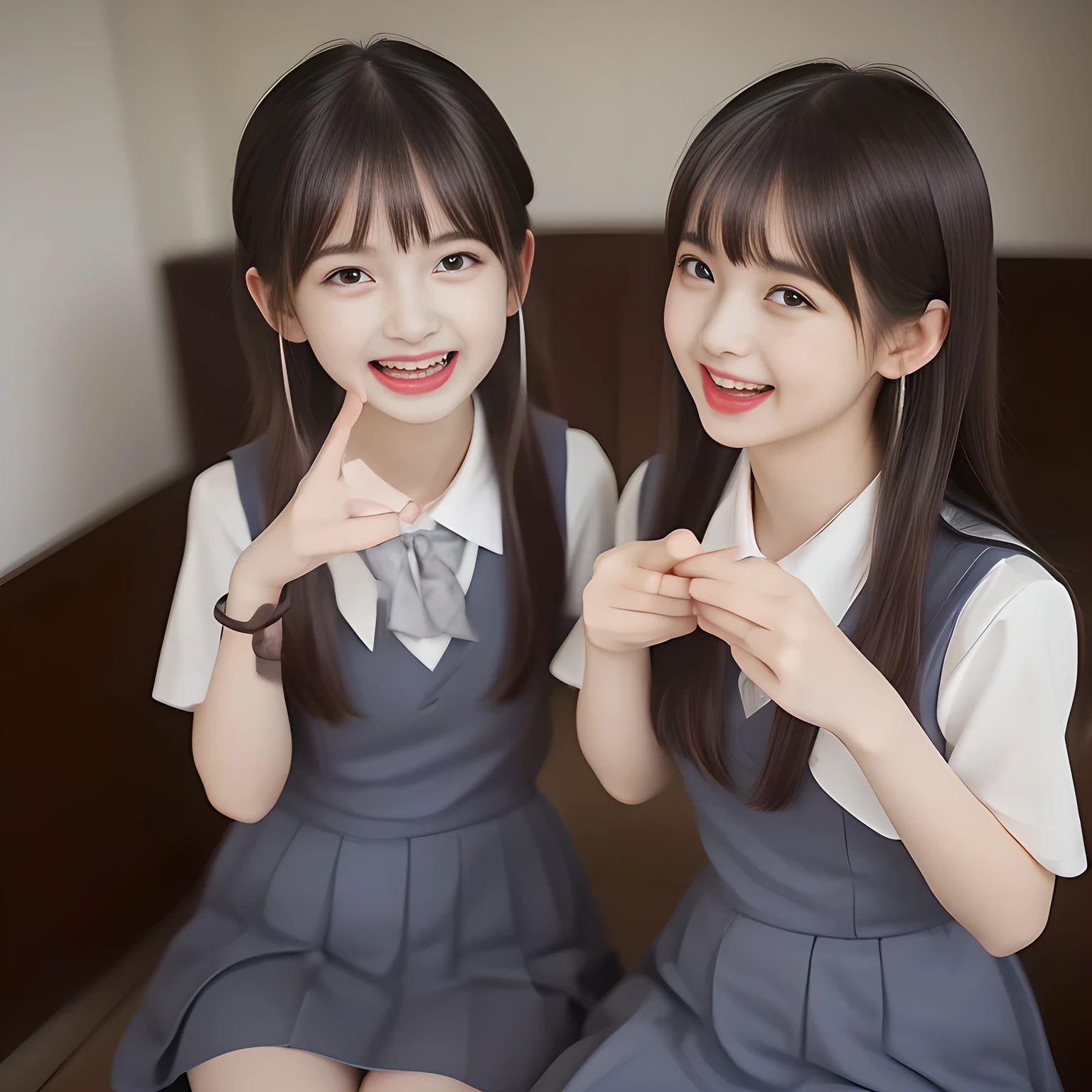 (highest quality, masterpiece, high resolution:1.2), 4K, (Photo quality detailed foreground: 1.2), geometry, ((bewitching naughty rascal younger sister succubi twins) (make fun of the viewer's very sensitive body and move together rhythmically with shampoo foam) in the viewer's clear lewd fetish dream. Girls twins of Cute noble girly very-long-hair Japanese photo model are seated ((in a gorgeous lascivious bathtub of bathroom under shower water)) and can't stop kissing the viewer and looking at the viewer with her (too beautiful eyes like laughing fashion model, (laughing surprised face)), (Using expensive face-whitening cosmetics to make her skin more beautiful and pure by professional makeup artist: 1.5), (devious girlish fascinating laughter in bliss, devious girlish pose: 2.0), Laughing cutely, ((Light-Gray) Japanese school girly vest Uniform with neat girly light-yellow short-sleeves school blouse, puffed short sleeves: 1.2), (Dark blue glossy glossy school ribbon on the breast: 1.0), (Extremely laughing cheeks: 1.8), (Beautiful light-amber large clear open eyes with balanced and detailed cutely: 1.4), (double eyelids: 1.0), (highly curled bangs: 1.2), (Glossy lips: 1.0), (very expensive earrings with gems: 1.2), (white and clear skin: 1.0), (Laughing cute princess's eyes looking at me: 1.2), (Very shy, cute, slender, pretty, pretty, too girly & Girlish: National Beautiful Girl Grand Prix winners twins in the viewer's clear lewd fetish dream: 2.0), (The girls know well about the viewer's super fetishism for school uniforms, and satisfies it completely with her hands and skirts deeply (in the viewer's clear lewd deep dream): 1.3)