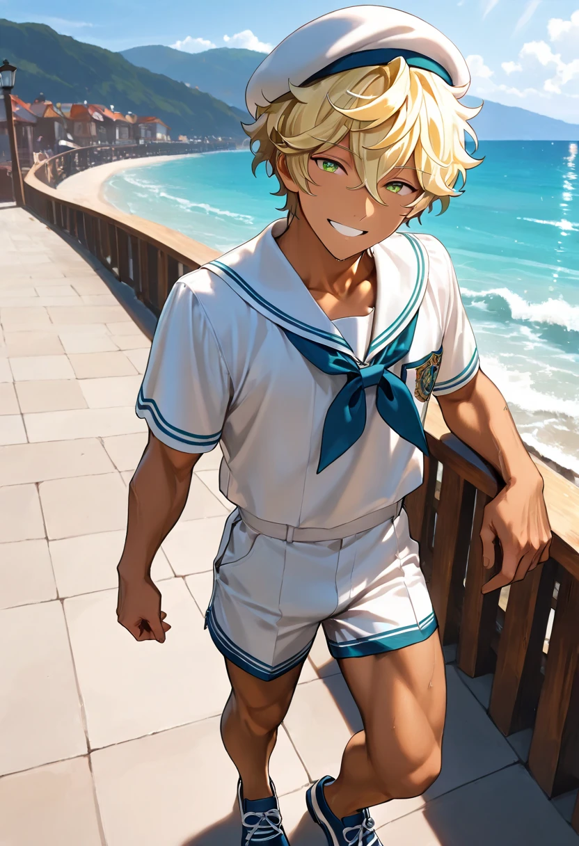 1boy, harukawa sora, ensemble stars!, muscular, dark copper tan skin, solo, yellow hair, short messy hair, beret, white sailor uniform, short pants, green eyes, Western-style American town, port, ocean, standing on the street, smile, masterpiece, best quality, cinematic lighting, deck shoes, focus on body
