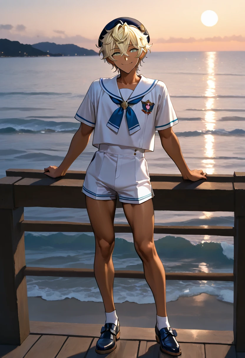 1boy, harukawa sora, ensemble stars!, muscular, dark copper tan skin, solo, yellow hair, short messy hair, beret, white sailor uniform, short pants, green eyes, Western-style American town, port, ocean, standing on the street, smile, masterpiece, best quality, cinematic lighting, deck shoes, focus on body