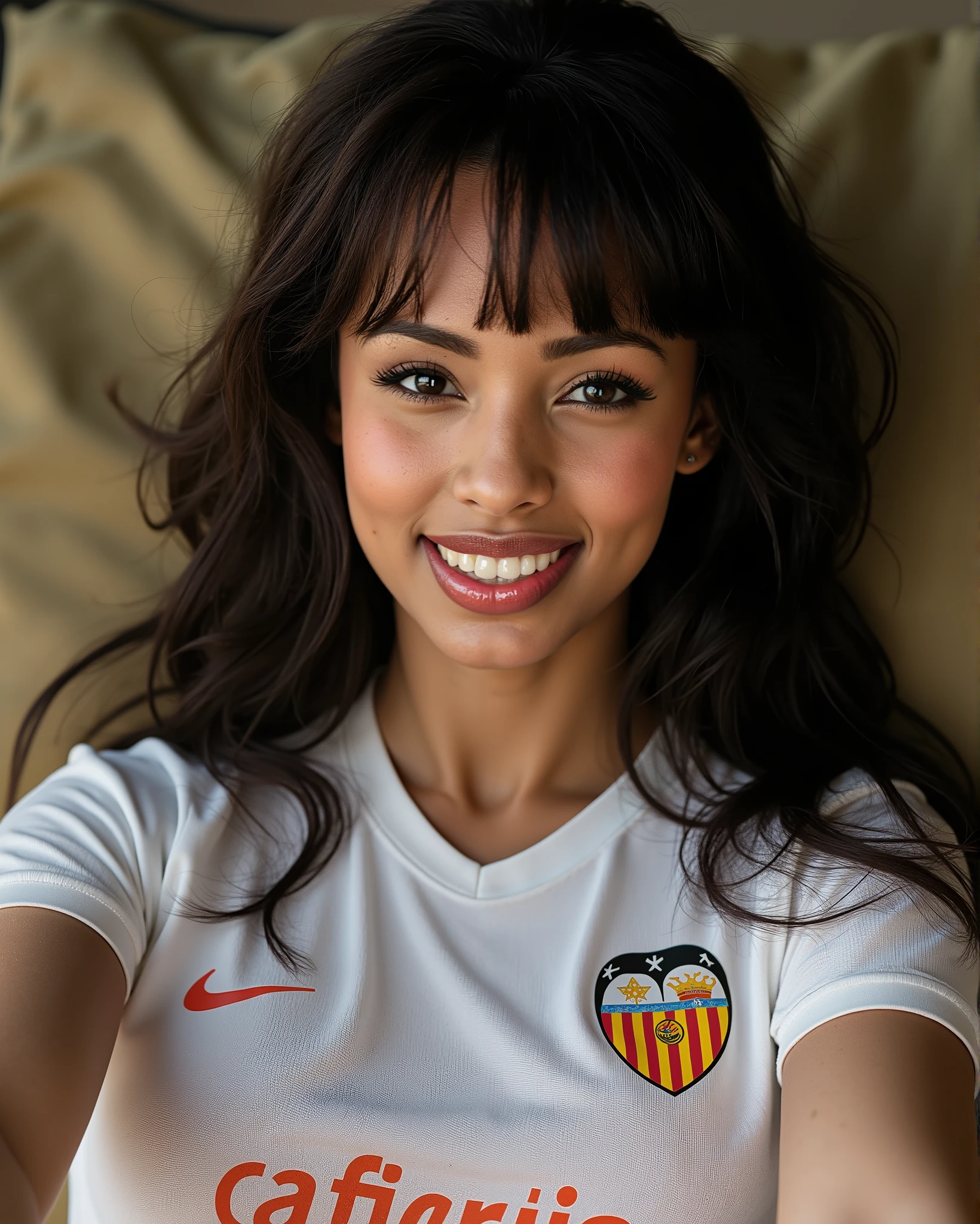 (sexy), ultrahigh resolution, great quality, 8k, photo and raw, best quality, masterpiece, hyperrealistic, incredible, photorealistic, extremely detailed, sharp focus, real person, very attractive and beautiful, (Ida Ljungqvist), (Ida Ljungqvist's facial features), (Ida Ljungqvist's face), (long jet black hair with bangs), (Ida Ljungqvist's body), (Ida Ljungqvist's eyes, iris and pupil perfectly defined), Detailed face, twenty three years old, model body, sexy body, (Ida Ljungqvist taking a selfie wearing the official Valencia C.F. white shirt, a selfie with the mobile phone, the official Valencia C.F. white shirt for the 2024/2025 season, smiling, smiling flirtatiously, heavily made up, sensual and desirous expression, full body photo, full body, playboy photo style, Ida Ljungqvist, captivating and tempting, Realistic, sensual look, sexy, Instagram model, sensual, sensual posing, natural pose, happy and sexy expression, goddess, perfect physical proportions), perfect mouth, perfect legs ,sinuous look, sexy look, stitching, (detailed skin), cinematic lighting, perfect detailed and pretty eyes, (Highly detailed body, perfect body measurements), detailed and tempting lips, (Body measurements 89-61-86), (height 173 centimeters, weight 57 kilos), marking body clothes, marked breasts, rosy cheeks, juicy and sexy lips, perfect lips, wild and sexy hair, Full body view, Highly detailed CG unit 8k wallpaper, shot style, complex, High detail, Dramatic, Highest Quality Movie Still Image, Realistic Ultra Detailed Rendering Style, Natural Light, Crisp Character, iPhone 15 Pro MAX, ((intricate details)), natural photography, natural light, (extremely realistic and natural pose), posing naturally, amateur photo