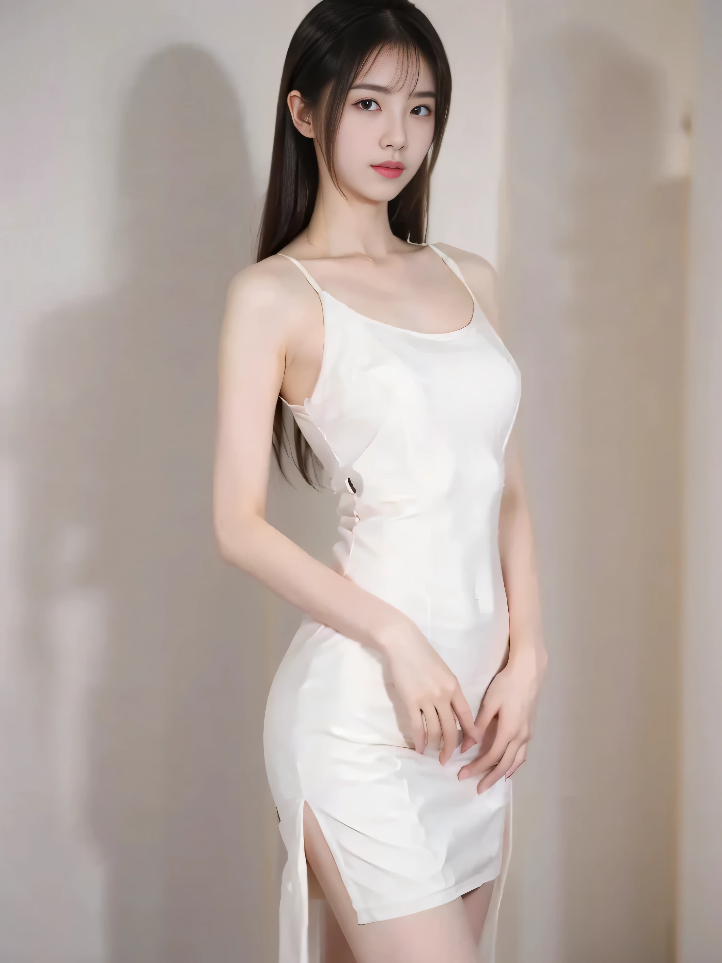  a pretty girl ， Medium length hair， very plump breasts ，A beautiful girl with a clear body outline ， simple background