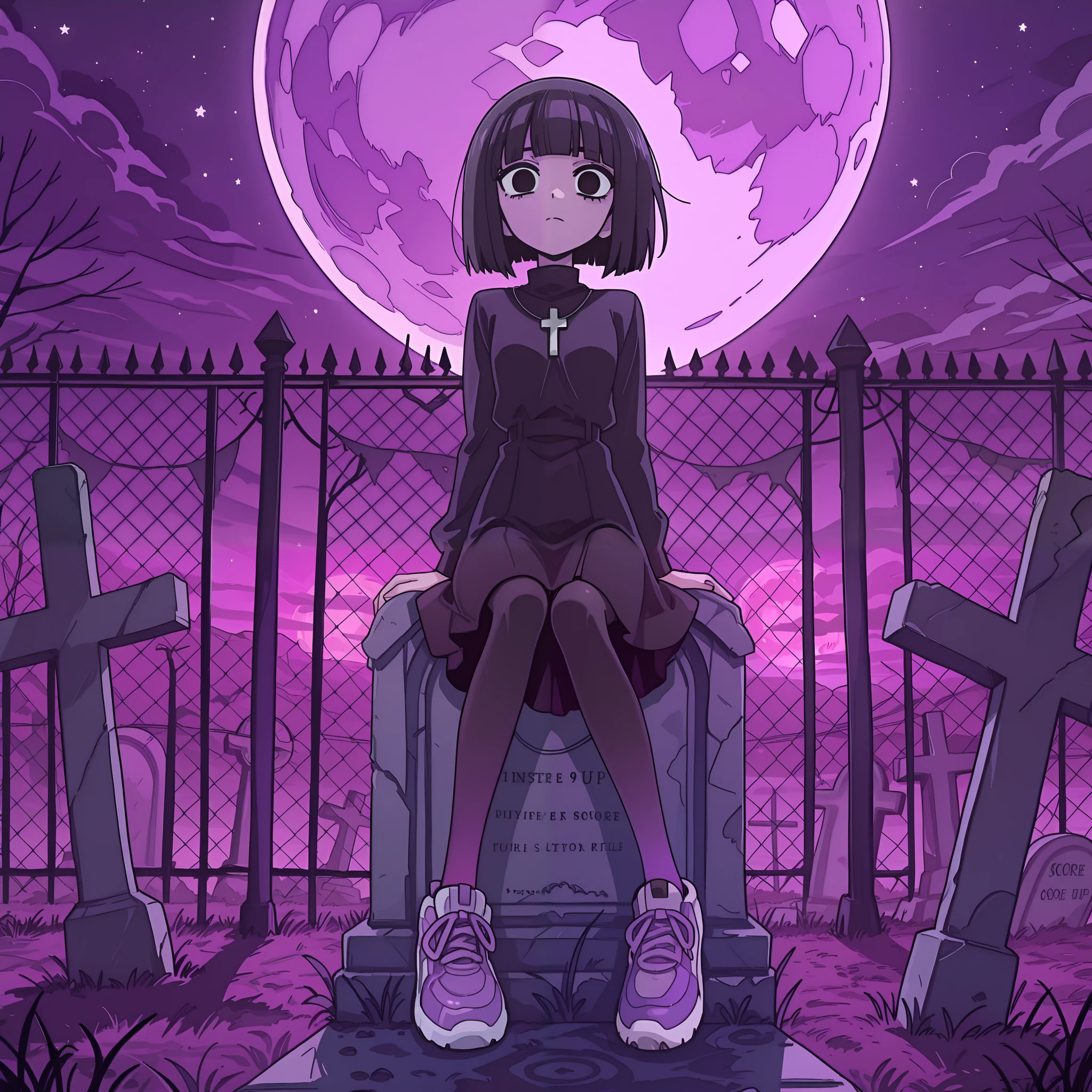 masterpiece, best quality, amazing quality, very aesthetic, high resolution, ultra-detailed, absurdres, newest, Anime screencap, highly detailed, high quality, hyper-Detailed, mistico_ILL. BREAK. 1girl, moon, graveyard, black dress, solo, tombstone, night, dress, black hair, shoes, sky, sneakers, night sky, full moon, looking at viewer, outdoors, sitting, black eyes, frown, cross, short hair, closed mouth, star \(sky\), purple sky, purple theme, fence, blunt bangs, pantyhose