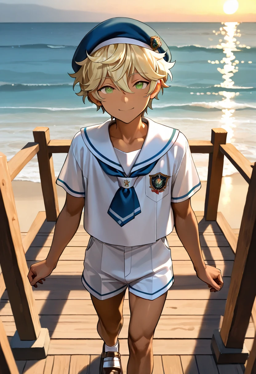 1boy, harukawa sora, ensemble stars!, shota, muscular, dark copper tan skin, solo, yellow hair, short messy hair, beret, white sailor uniform, short pants, green eyes, Western-style American town, port, ocean, standing on the street, smile, masterpiece, best quality, cinematic lighting, deck shoes, focus on body