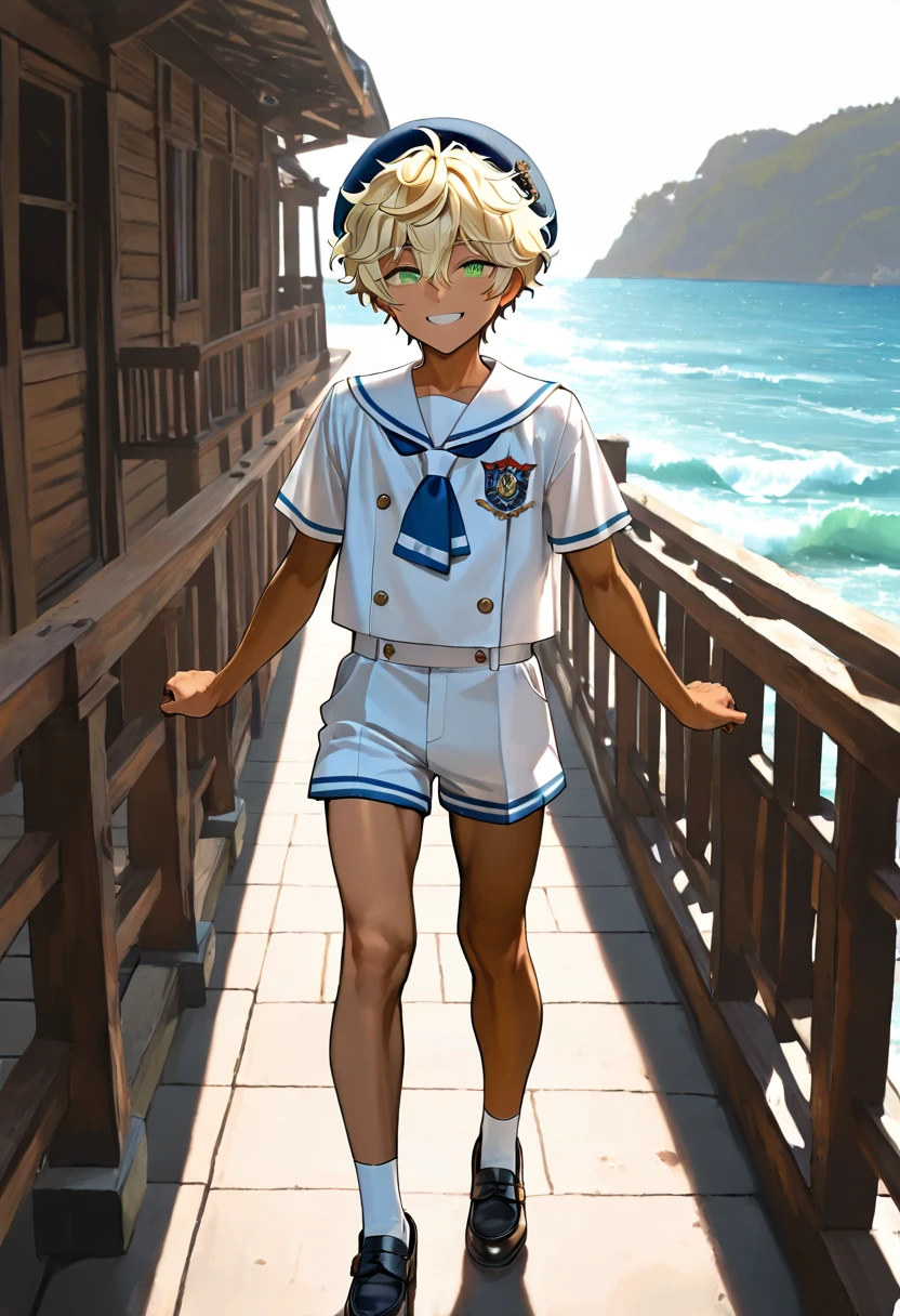 1boy, harukawa sora, ensemble stars!, shota, muscular, dark copper tan skin, solo, yellow hair, short messy hair, beret, white sailor uniform, short pants, green eyes, Western-style American town, port, ocean, standing on the street, smile, masterpiece, best quality, cinematic lighting, deck shoes, focus on body