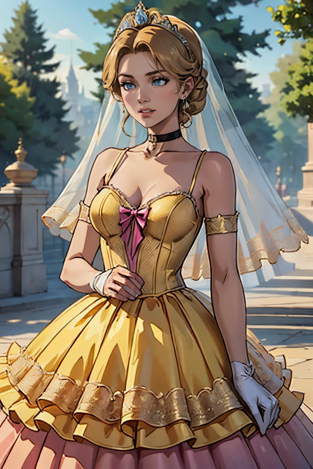 Sonya Blade MK, hair between eyes, ahoge, blonde hair, star \(symbol\), hair ornament, ruffled tulle dress, cleavage, bare shoulders, collarbone, long black elbow gloves, black gloves, black dress, black choker, strapless, tiara, veil, strapless dress, princess dress, veil, beautiful woman, perfect body, perfect breasts, wearing a princess dress, ball gown, in the park trees, wedding decorations, a warm smile, realism, masterpiece, textured skin, super detail, high detail, high quality, best quality, 1080p, 16k
