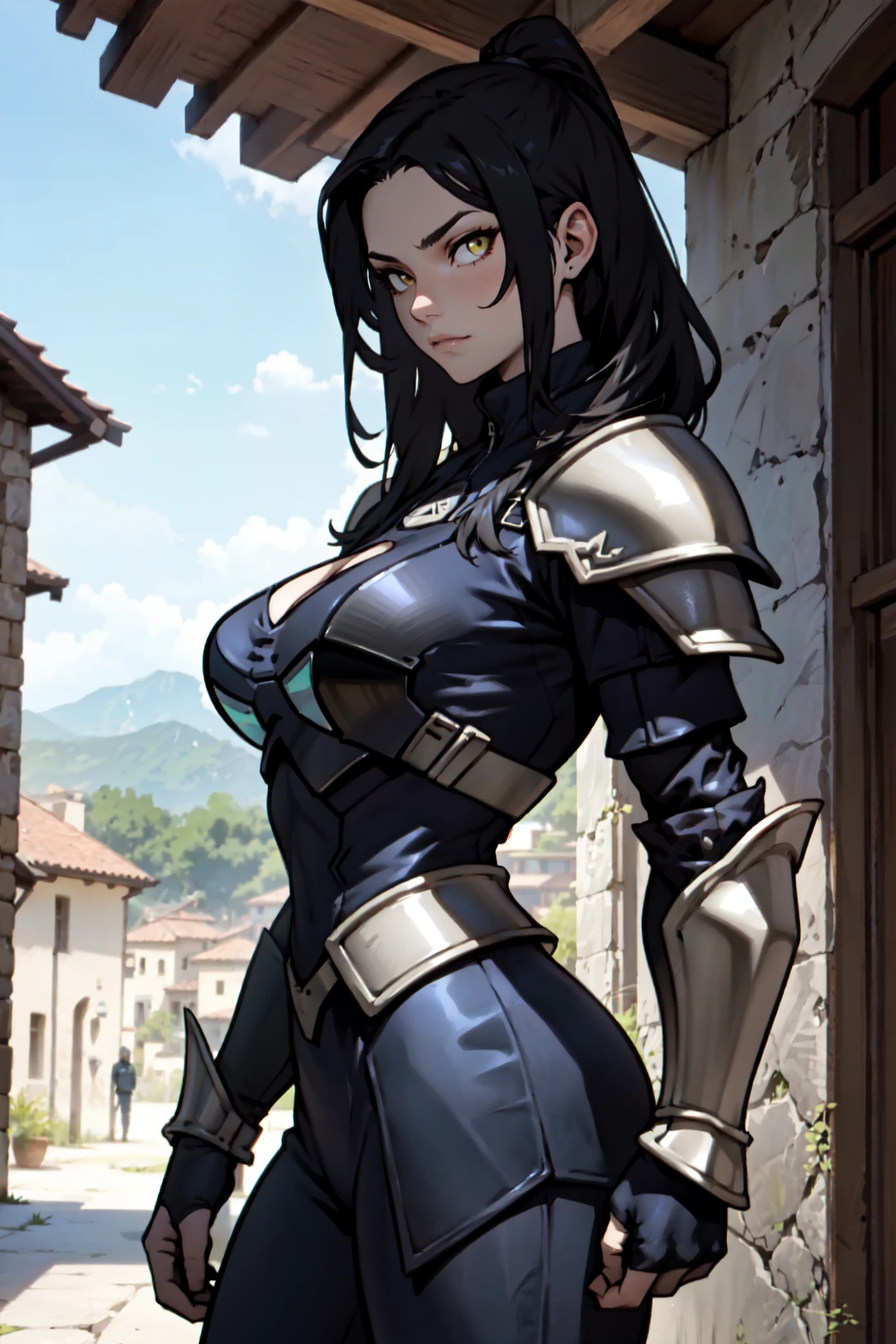 voluminous hair, big hair, big breasts, swordswoman,(fully clothed skintight), (black armor), Arab woman , standing in an open battlefield holding sword