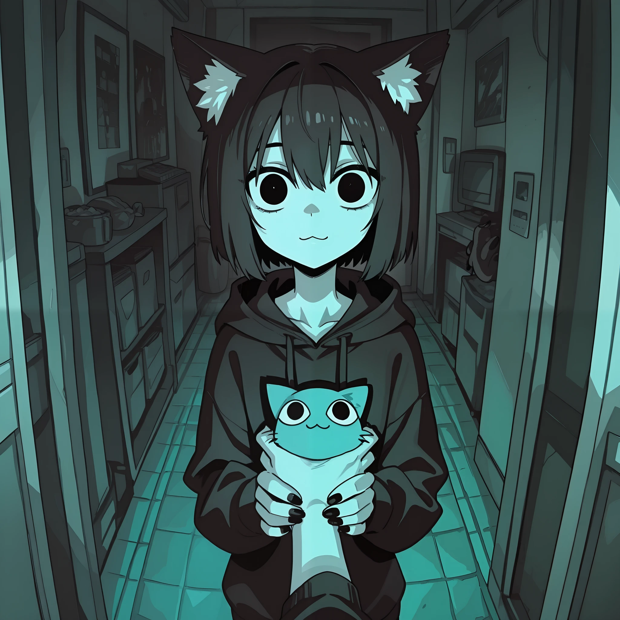 masterpiece, best quality, amazing quality, very aesthetic, high resolution, ultra-detailed, absurdres, newest, Anime screencap, highly detailed, high quality, hyper-Detailed, mistico_ILL. BREAK. animal ears, hood, hoodie, dark, pov, holding, cat ears, looking at viewer, 1girl, :3, cat, short hair, hood down, drawstring, long sleeves, black eyes, black hair, monochrome, black nails, closed mouth, cat girl, indoors, nail polish, black hoodie, solo focus, animal ear fluff, pov hands