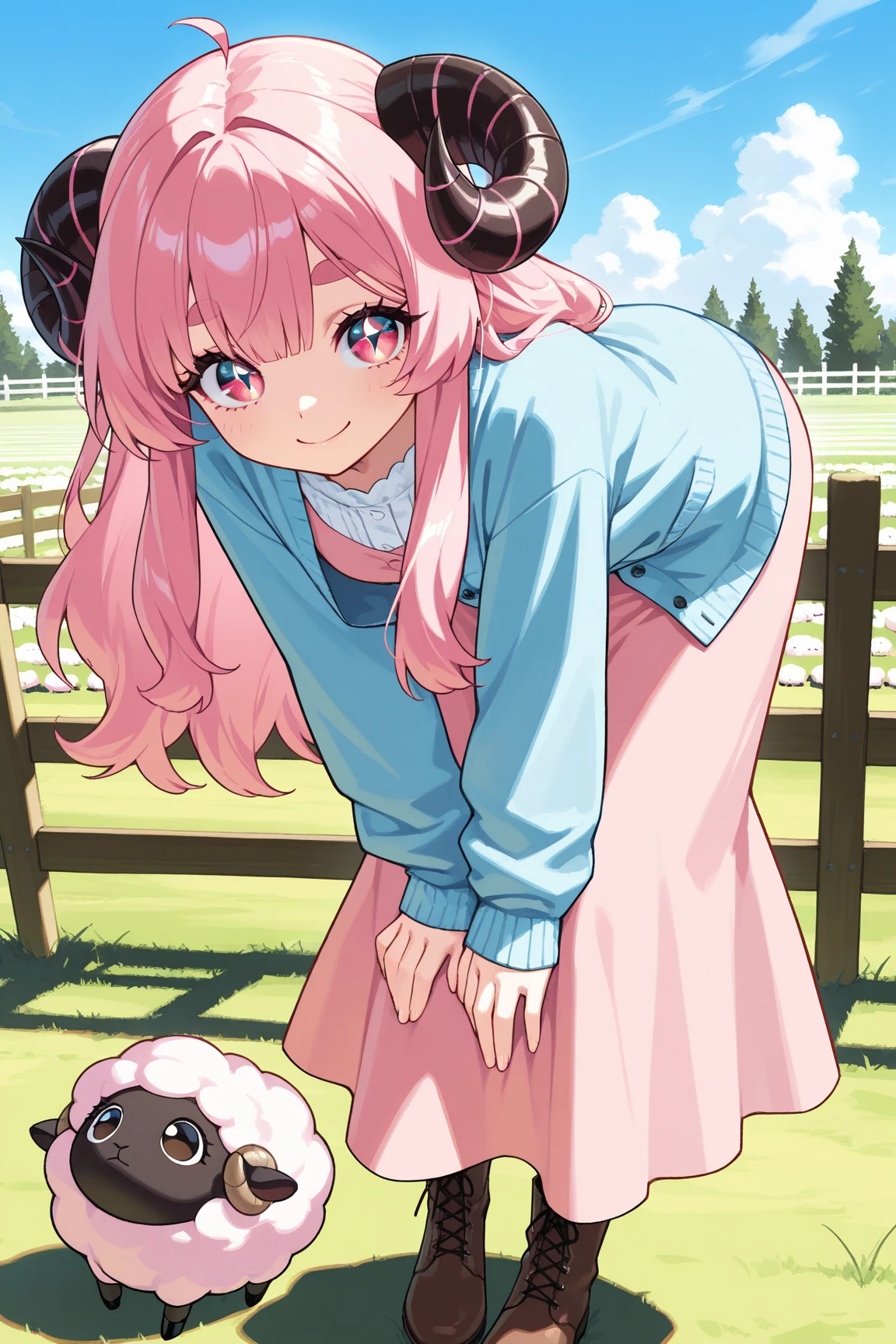 ((score_9, score_8_up, score_7_up, Top Quality)), ((Excellent)), (extremely detailed, absurdres, very aesthetic),  (highly detailed background, lighting), (1girl, Pink fluffy long hair, Gentle and thick eyebrows: 1.1, rounded ram horns, :1.2,  Eyes as absurdly beautiful as jewels, Your eyes are sparkling, Beautiful long eyelashes:1.3, strong eyes, Pink dress, sky blue cardigan, brown boots, Pick up the hem of your skirt, smile, Bend your waist) BREAK Natural elements, fantastical features, light and shadow effects, color and atmosphere BREAK (Aristocratic mansion, red carpeted corridor, beautiful sunlight filtering through the windows, beautiful depiction of trees, sophisticated furnishings)