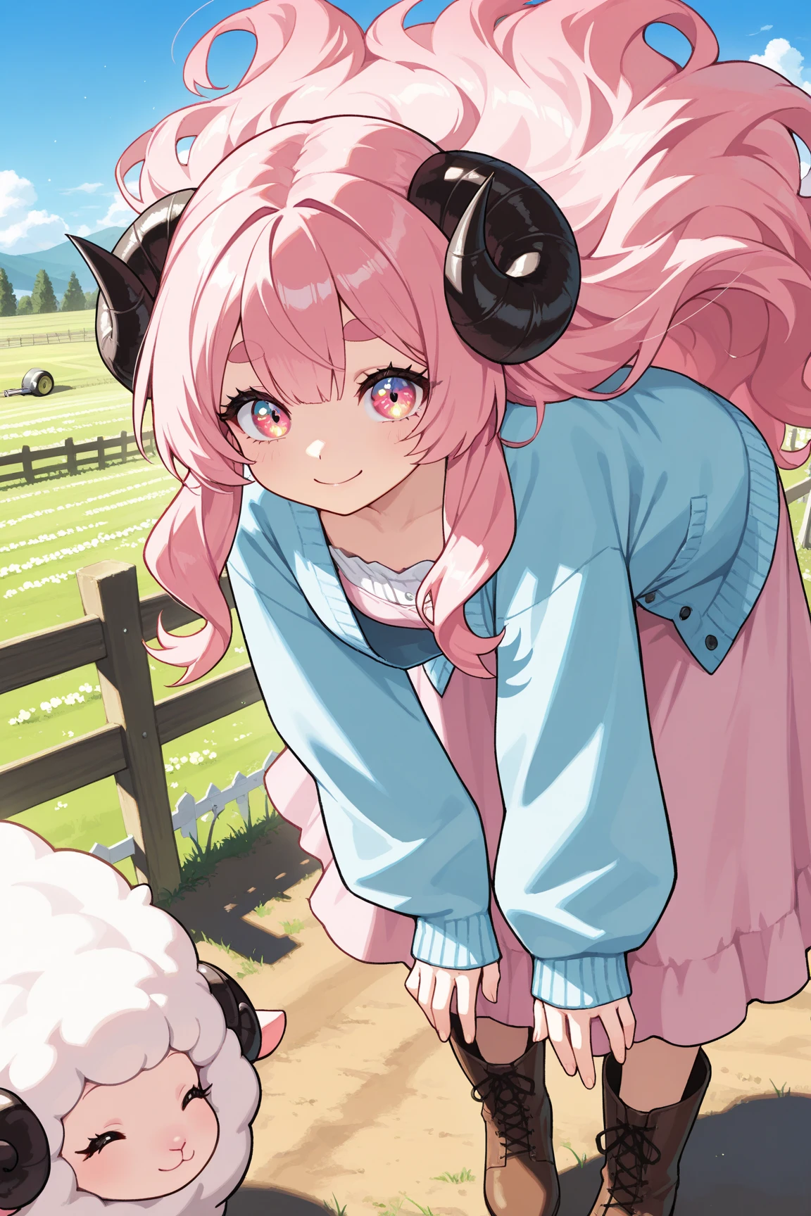 ((score_9, score_8_up, score_7_up, Top Quality)), ((Excellent)), (extremely detailed, absurdres, very aesthetic),  (highly detailed background, lighting), (1girl, Pink fluffy long hair, Gentle and thick eyebrows: 1.1, rounded ram horns, :1.2,  Eyes as absurdly beautiful as jewels, Your eyes are sparkling, Beautiful long eyelashes:1.3, strong eyes, Pink dress, sky blue cardigan, brown boots, Pick up the hem of your skirt, smile, Bend your waist) BREAK Natural elements, fantastical features, light and shadow effects, color and atmosphere BREAK (Aristocratic mansion, red carpeted corridor, beautiful sunlight filtering through the windows, beautiful depiction of trees, sophisticated furnishings)