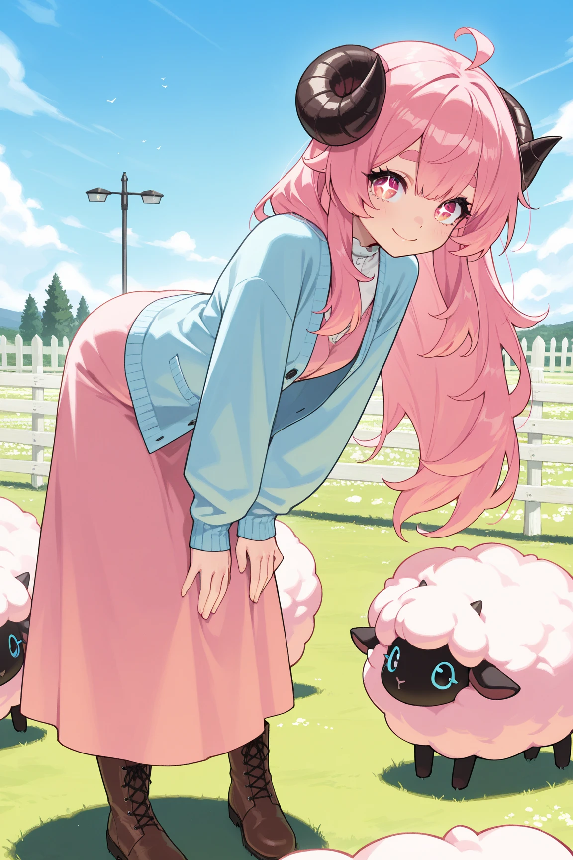 ((score_9, score_8_up, score_7_up, Top Quality)), ((Excellent)), (extremely detailed, absurdres, very aesthetic),  (highly detailed background, lighting), (1girl, Pink fluffy long hair, Gentle and thick eyebrows: 1.1, rounded ram horns, :1.2,  Eyes as absurdly beautiful as jewels, Your eyes are sparkling, Beautiful long eyelashes:1.3, strong eyes, Pink dress, sky blue cardigan, brown boots, Pick up the hem of your skirt, smile, Bend your waist) BREAK Natural elements, fantastical features, light and shadow effects, color and atmosphere BREAK (Aristocratic mansion, red carpeted corridor, beautiful sunlight filtering through the windows, beautiful depiction of trees, sophisticated furnishings)