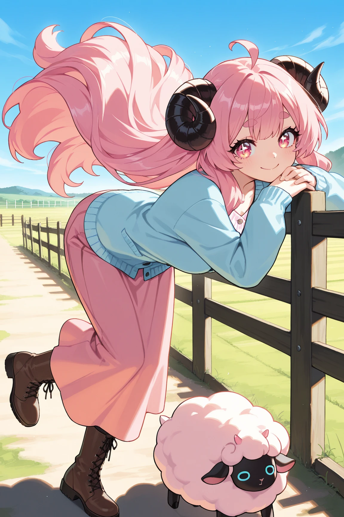 ((score_9, score_8_up, score_7_up, Top Quality)), ((Excellent)), (extremely detailed, absurdres, very aesthetic),  (highly detailed background, lighting), (1girl, Pink fluffy long hair, Gentle and thick eyebrows: 1.1, rounded ram horns, :1.2,  Eyes as absurdly beautiful as jewels, Your eyes are sparkling, Beautiful long eyelashes:1.3, strong eyes, Pink dress, sky blue cardigan, brown boots, Pick up the hem of your skirt, smile, Bend your waist) BREAK Natural elements, fantastical features, light and shadow effects, color and atmosphere BREAK (Aristocratic mansion, red carpeted corridor, beautiful sunlight filtering through the windows, beautiful depiction of trees, sophisticated furnishings)