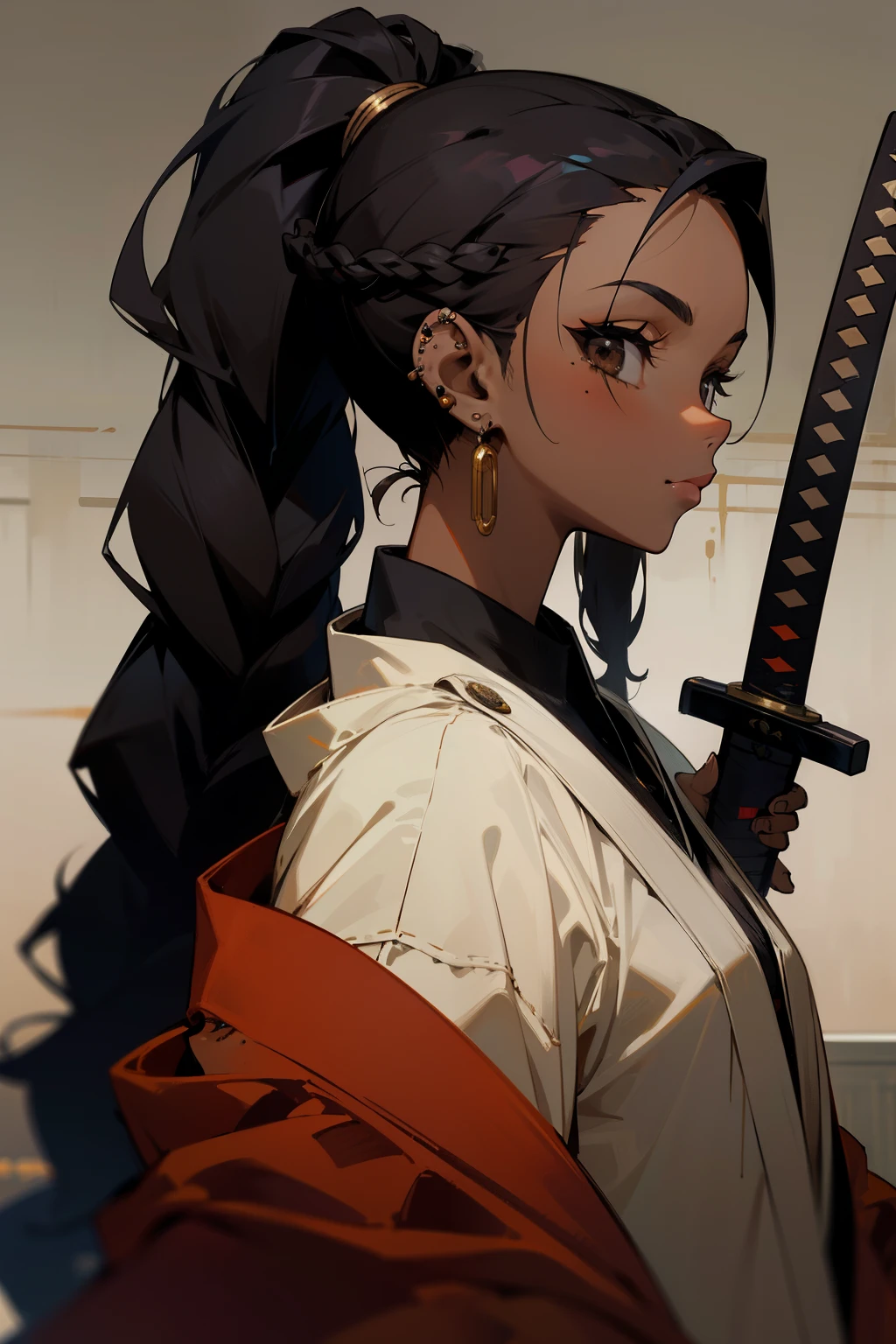 ((Best Quality)), ((Masterpiece)), (detailed), (anime), (Cartoon), 1 girl, tanned skin, off shoulder sweater, pirate accessories, gloomy appearance, medieval dress, pirate hat, earrings, katana, black skin, long hair, black hair, ponytail, ((Best Quality)), ((Masterpiece)), (detailed), (anime), (Cartoon), (80's Cartoon), mujer con black hair largo, black skin, pirate accessories, gloomy appearance, medieval courtesan dress, tanned skin, loose white shirt, black open skirt, yandere