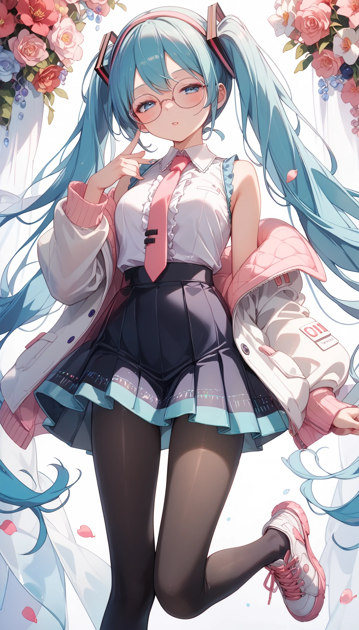 Hatsune Miku(Height: 160cm)((A pale pink headband, a slim navy blue and white blazer with frills and lace decorations, a white shirt with frills and lace decorations, A pink tie, a tight navy blue skirt with slits and frills and lace decorations, and transparent black pantyhose. pink and white sporty sneakers with geometric pattern))、((Very beautiful breasts:0.5)) (-yeld beiful girl)(Red cheeks)'s greatest masterpiece、 see here、((half-closed eyes, sexual meanings))((1 women over))((Front view)、 full body view)((Step cheerfully )) School corridor( pink framed round glasses )