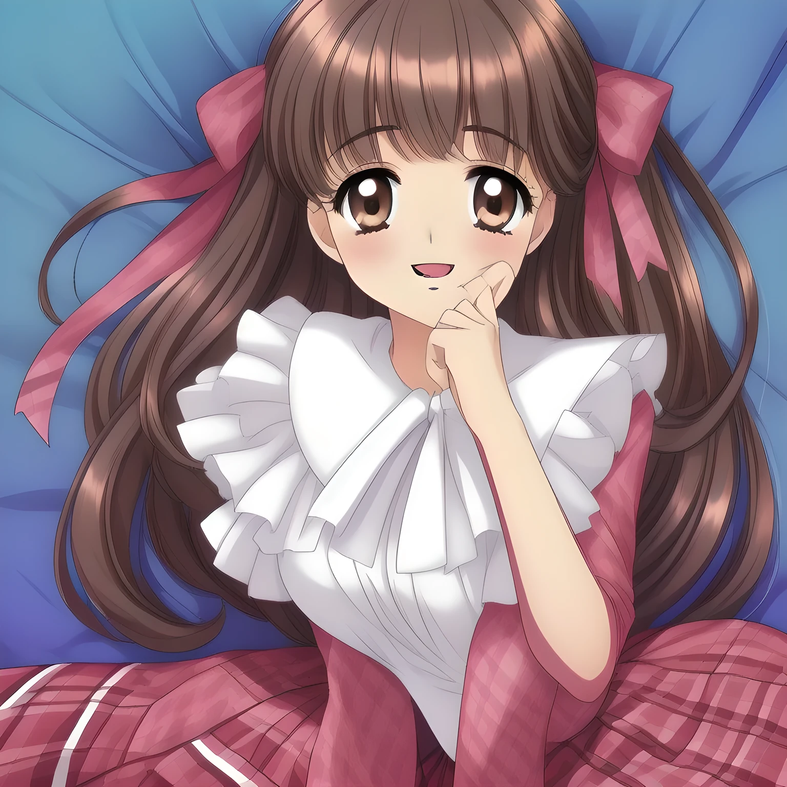 (highest quality, masterpiece: 1.6), (A (too beautiful graceful date-game heroine) is lying down on a expensive bed and laughing at me with their pretty open mouth and lovely lips, can't stop giggling, (covering her own breast ribbon with both hands), (Too Beautiful beautiful anime noble heroine), beautiful giggling noble elegant 15yot anime heroines wares completely white frilled girly blouse and (tartan checkered navy blue very-glossy plaid school skirt, beautiful shin), (inviting me into deep harem of siren and succubi), Noble Elegant uniform: 1.5), (white white white frilled blouse, with (pretty shiny large blue scarf made of silk) on the breast: 1.2), (Anime-heroine's girly noble laughing giggling (half closed) brown eyes, the eyes shines and has strong effect of allusion to the viewer: 1.6), (Realistic Charming neat dark-navy-blue very-neat well-pleated long dark-blue checkered glossy expensive plaid school skirt made of metallic-blue-wool: 1.6), (sky-blue background with white heart figured clouds: 1.7), (Eyes, face and hair are especially beautifully detailed and beautifully drawn to seduce: 1.5), (Girl whom everyone loves because of her beauty and lovely fashion and noble manner and magic-charm like succubus: 1.0), (Very beautiful, wavy, cutely super-super-long wavy gorgeous rich dark black hair like hair model, with elegant big yellow hair ribbons: 1.3), (beautiful black hair: 1.5), (Perfect slender body style like a fashion model), (The girl is too much beloved because of her beauty and seducing proportion: 1.2), (half body portrait side shot: 0.3), ((Circulating Chaotic girly pink background)), ((too elegant smile), very elegant noble pose: 1.5)