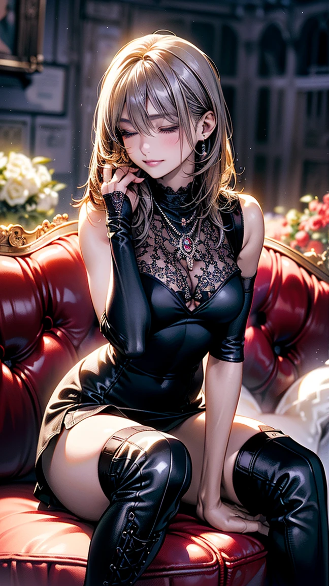 (8K, 超High resolution, highest quality, pieces fly:1.2),(2:1.2)、(big smile)、(avert your eyes)、8K、Japanese girl raw portrait、超High resolution、highest quality、 (small breasts:1.5),(sleeveless knit dress:1.5)、(from below:1.2)、walk、support your chest with your hands、(Panty shot:1.2)、(city:1.4) Blake is (natural skin texture、fine skin、hyper realism、Super sharpness)、intricate details、written boundary depth、idol sculpture、actress model pose、 lady、、long black hair、Rear view、beautiful butt、star piece、highest quality、High resolution))、(1 girl)、(realistic:1.4)、alone、close your mouth、happy smile、smile happily、pretty black hair、Big eyes、Clear double eyelids、eyelash、stick out ears、long neck、Absolute area、beautiful clavicle、perfect face、bangs、きれいなbangs、thin lips、Fair skin、small face、face becomes smaller、draw all the heads、look slightly upward at the camera、(look at the audience、eye highlights、light brown eyes、lip gloss chest bulge、squat、white boots、
