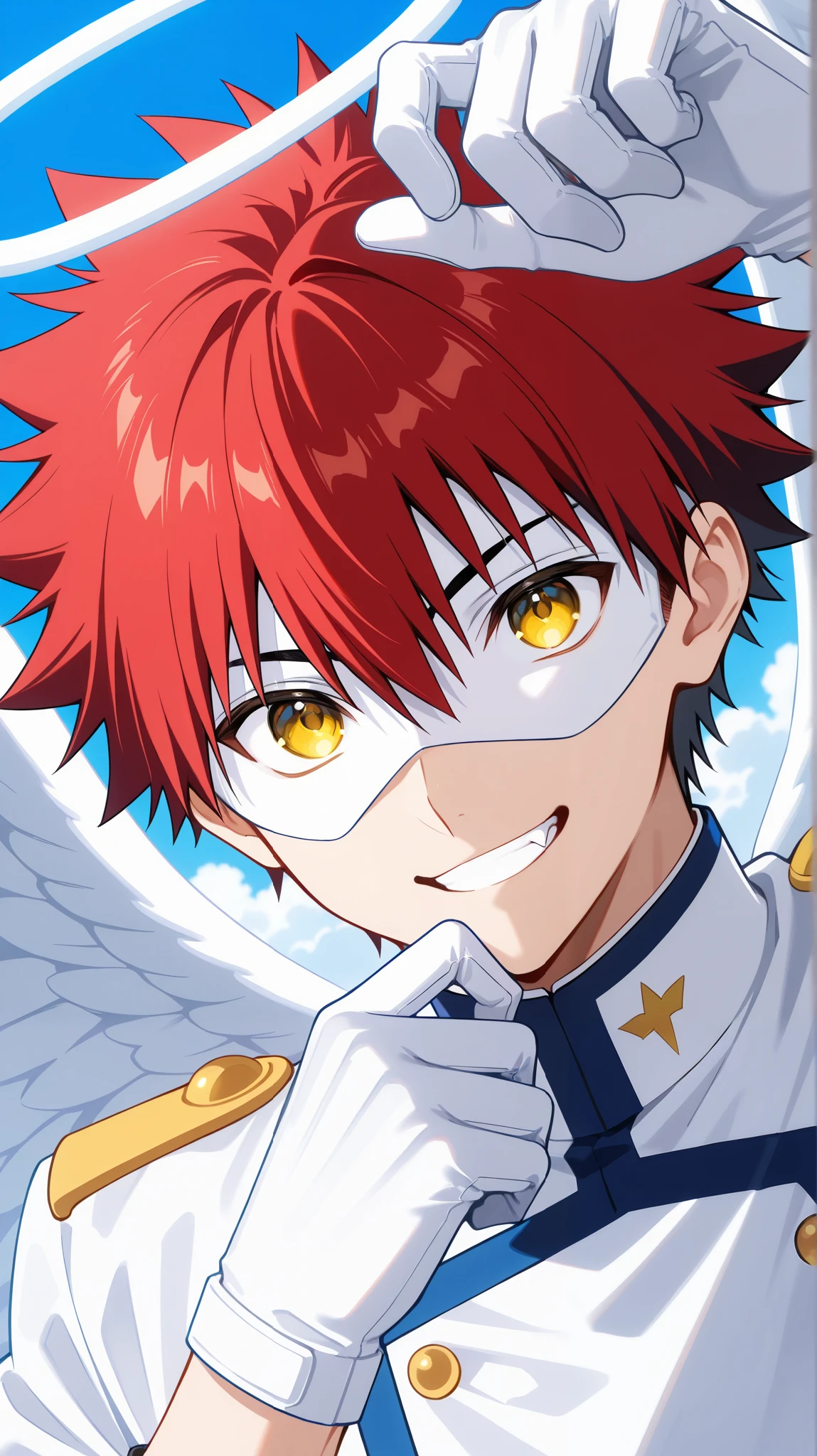 Full pure White hero masked men anime, solo, male focus,white angle uniform,white eye mask,gloves,angel,1boy,mysterious grin,fang out,male focus,big white angel wing,angel halo,golden eyes,day sky clouds heaven bankground,sunshine,hand,male focus,playful, souma_yukihira, red hair, yellow eyes,face focus,