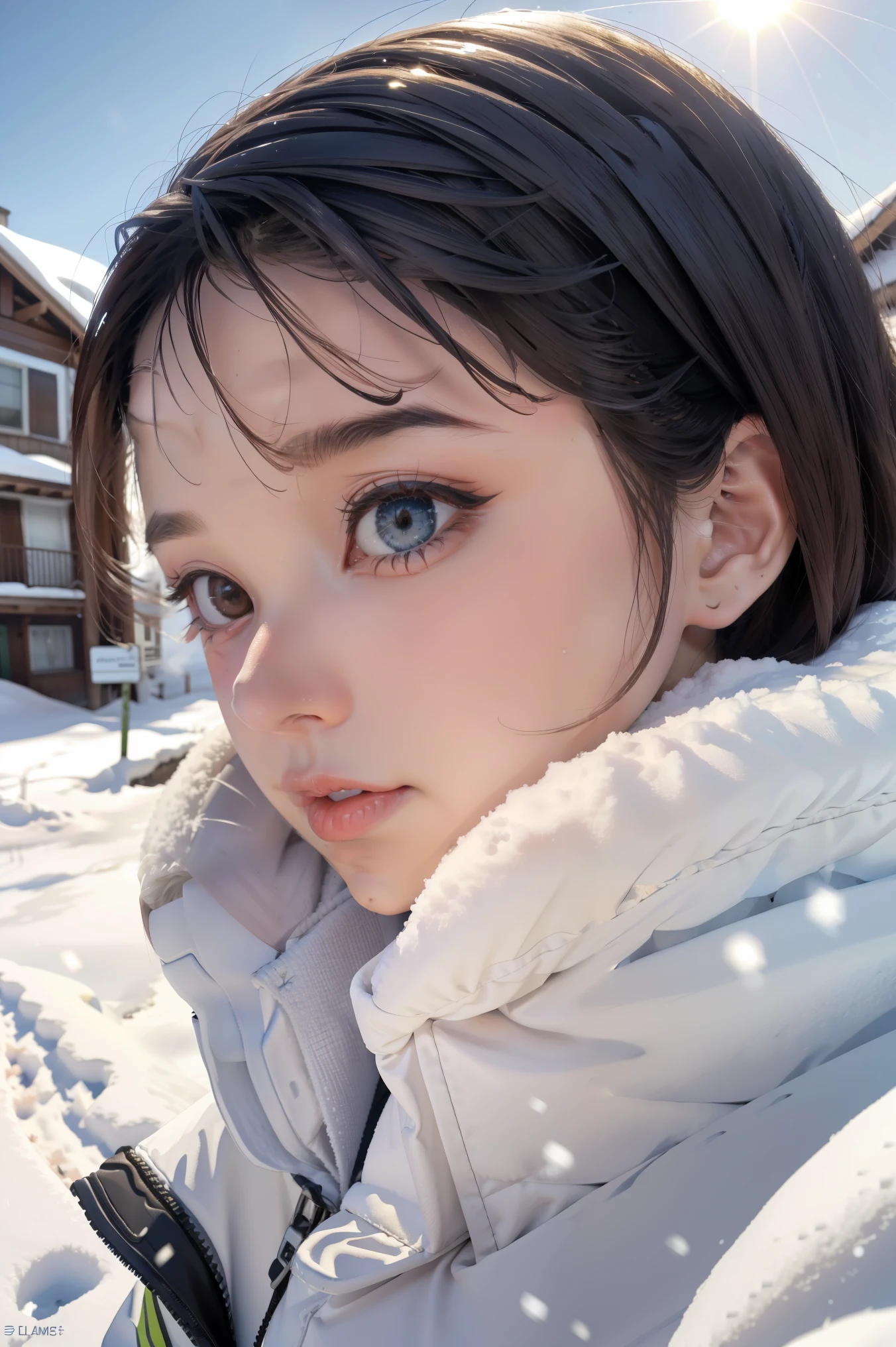winter, landscape, snow, cold, trembling, snot, breath, runny nose, outdoors, 1girl, solo, milla maxwell, highres, absurdres,