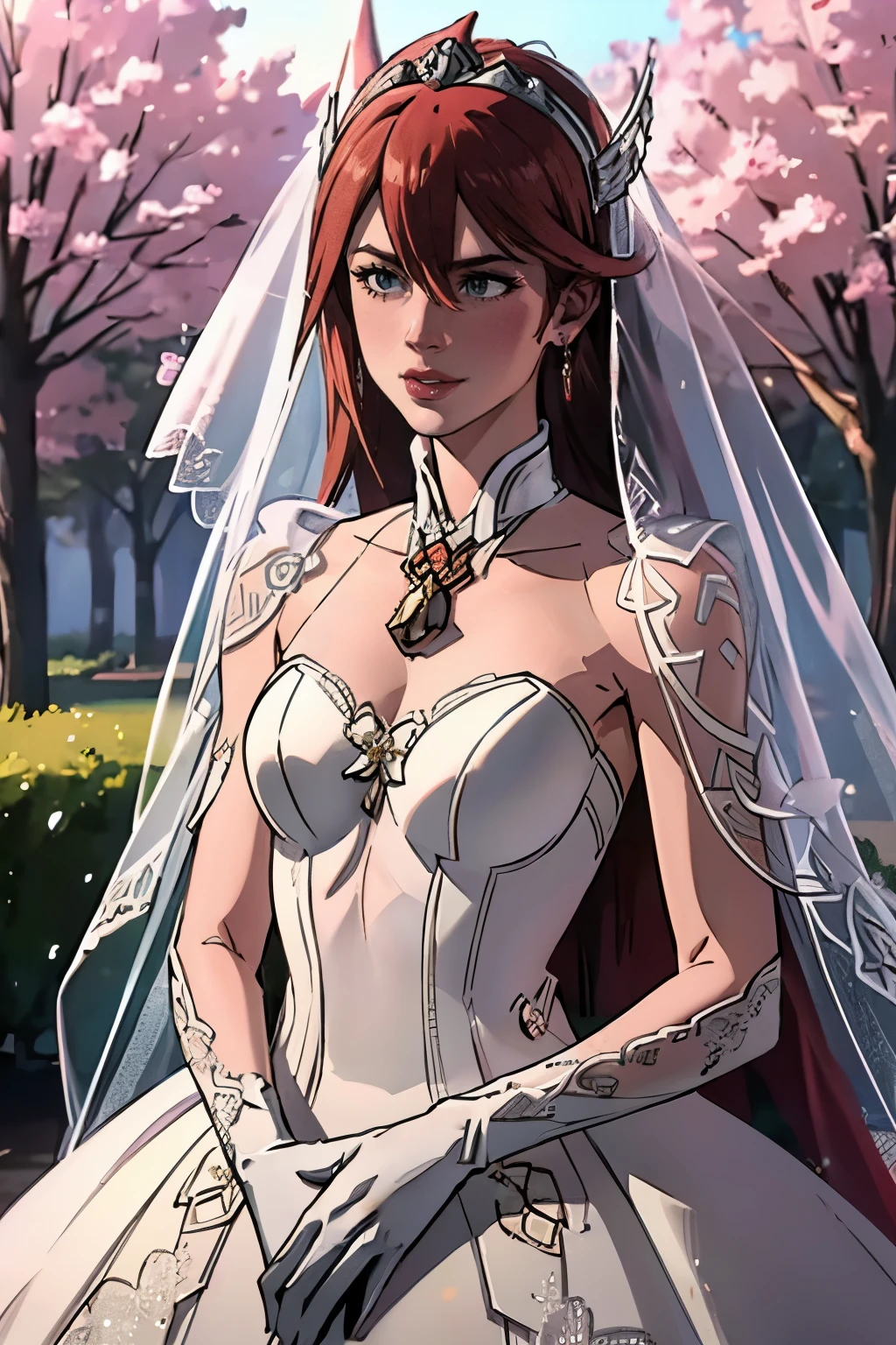 1girl, solo, Caeldori FE, crown,earrings ,lipstick, eye shadow, makeup, hair between eyes, ahoge, hair ornament, gloves, dress, cleavage, bare shoulders, collarbone, white oprea gloves, white gloves, white dress, strapless, white choker, tiara, veil, strapless dress, wedding dress, bridal veil, beautiful woman, perfect body, perfect breasts, wearing a wedding dress, ball gown, in the park trees, wedding decorations, looking at the viewer, smile, realism, masterpiece, textured skin, super detail, high detail, high quality, best quality, 1080p,