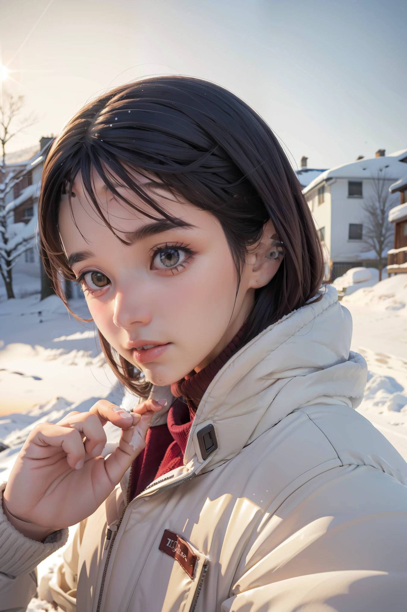 winter, landscape, snow, cold, trembling, snot, breath, runny nose, outdoors, 1girl, solo, milla maxwell, highres, absurdres,