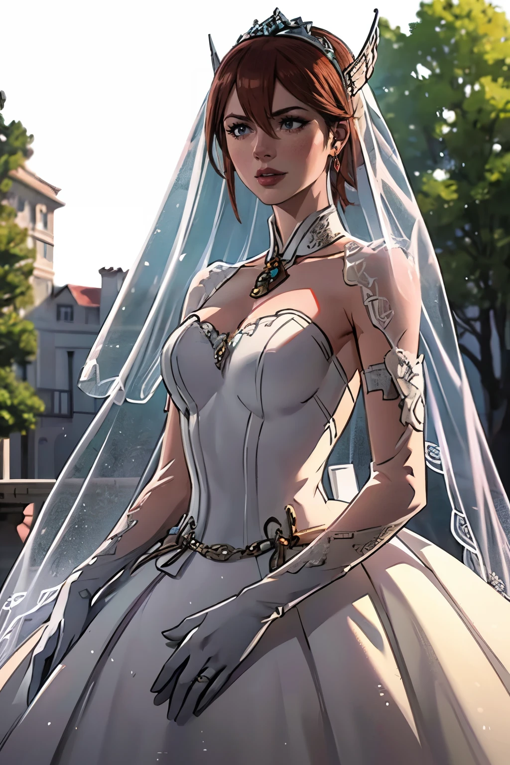 1girl, solo, Caeldori FE, crown,earrings ,lipstick, eye shadow, makeup, hair between eyes, ahoge, hair ornament, gloves, dress, cleavage, bare shoulders, collarbone, white oprea gloves, white gloves, white dress, strapless, white choker, tiara, veil, strapless dress, wedding dress, bridal veil, beautiful woman, perfect body, perfect breasts, wearing a wedding dress, ball gown, in the park trees, wedding decorations, looking at the viewer, smile, realism, masterpiece, textured skin, super detail, high detail, high quality, best quality, 1080p,
