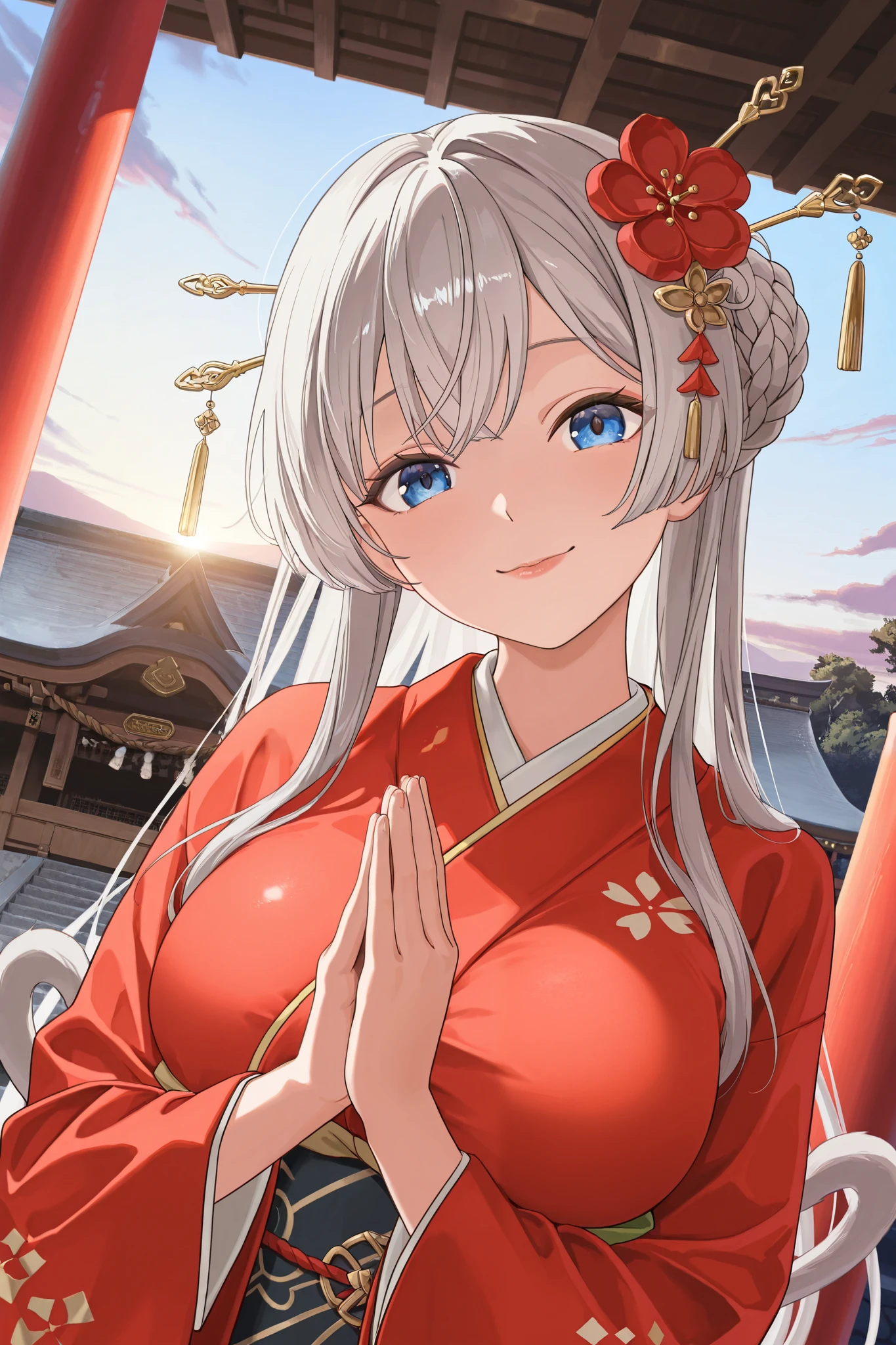 Masterpiece, top quality, GREAT QUALITY, very aesthetic, high resolution, Super Detail, is ridiculous, latest, scenery, new year shrine visit, cinematic lights , 1 girl, cute, Alone, Gray Hair, long hair, braided bun, red flower hair stick, blue eye, is staring at viewers, 片eyeを閉じた, big smile, mouth, medium boobs, traditional red kimono , Dutch Angle, upper body, Twisted Pose , head tilt, own hand together, hand to the side, depth of coverage, shrine, Sunrise, backlight, sunlight filtering through the trees, Fine Fabric Enhancement, rimlight, focus on face , break, Very detailed clothes , eye, hand, refer to, lips, detailed eye, shiny skin , detailed skin, Detailed Hair , Masterpiece, top quality, GREAT QUALITY, very aesthetic, high resolution, Super Detail, is ridiculous, latest, scenery, stereoscopic lighting twin tail,