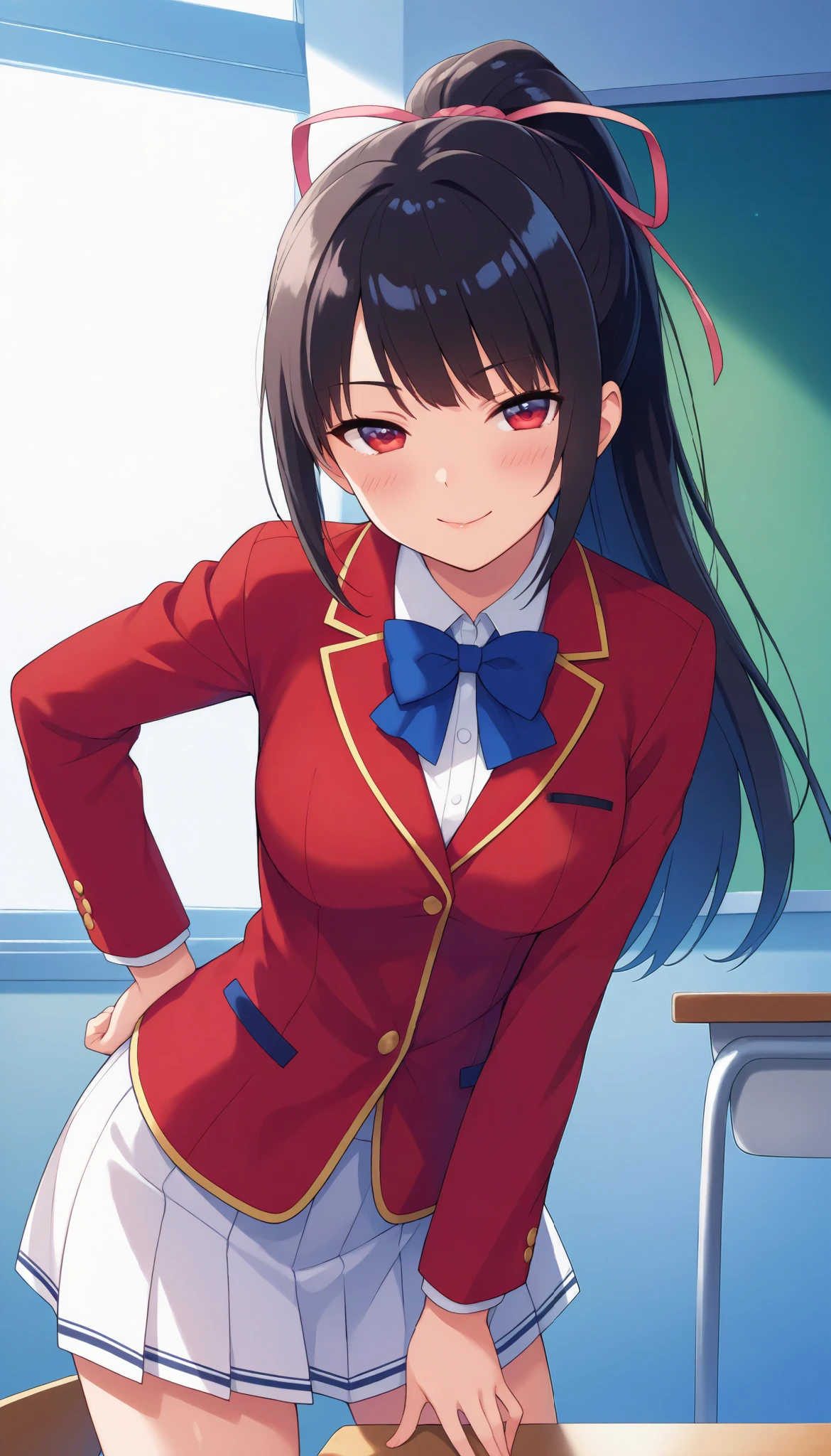 score_9, score_8_up, score_7_up, score_6_up, score_5_up, score_4_up, rating_questionable, , source_anime, digital illustration, pixiv, fanbox, uncensored, , BREAK, official art,
1girl, solo, female,Sae Chabashira, black hair, ponytail hair, red eyes, hair ribbon,
school unifrom, red jacket, blue bowtie, white skirt, pleated skirt, hands on hip, leaning forward, seductive smile, seducing,glossy lips, in school , blush, looking at viewer, cowboy shot, colorful, vivid,