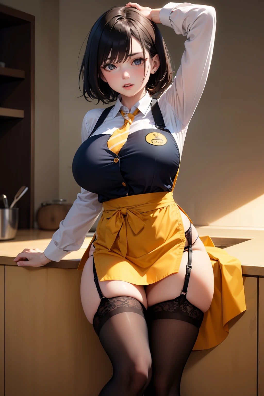 susan possession by leatherface black short hair and her eye is yellow huge big boob wearing  a light yellow striped shirt, an orange-yellow apron, and black boots with black garter belts. The apron has a tie at the waist. She is also wearing white  underwear under the apron.  Her tie is dark blue.