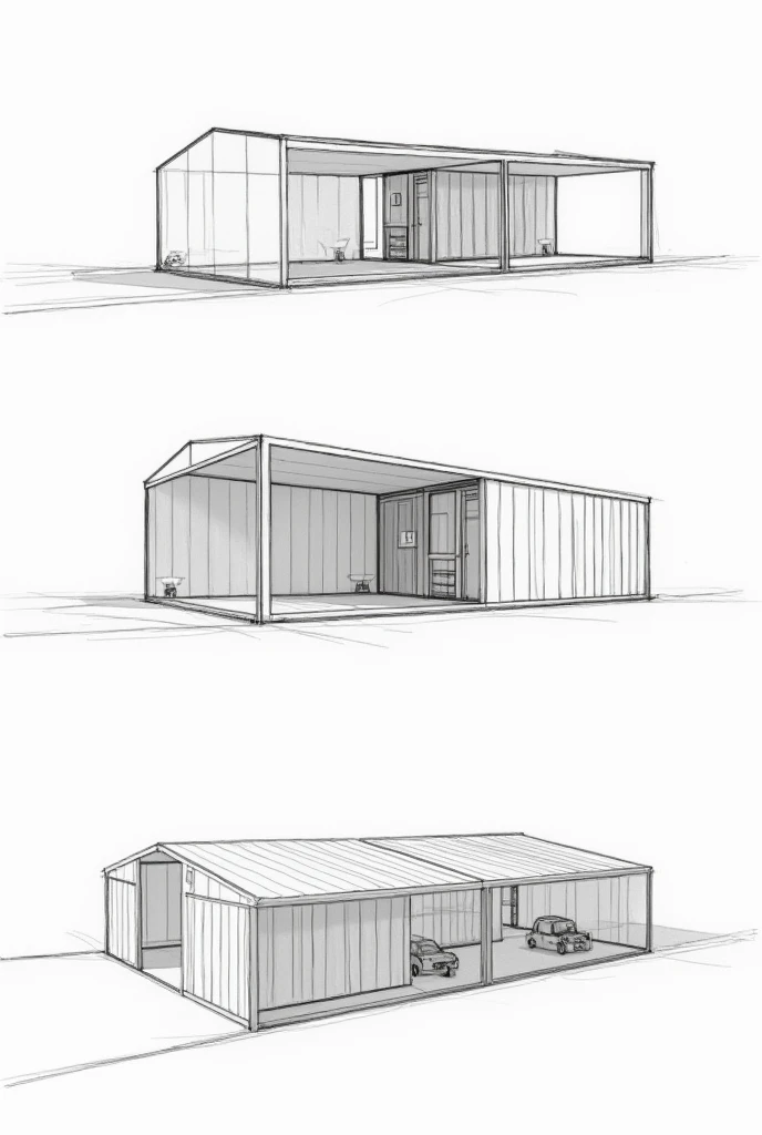 Simple, professional sketches for a post-harvest storage facility. First sketch: one refrigerated container with a 200 square meter sandwich panel hangar, powered by solar panels. Second sketch: addition of a second refrigerated container with extended solar power. Third sketch: greenhouse for fruit maturation placed beside the containers and the hangar. Clean and simple design, easy-to-understand layout, no excessive detail. les dimensions sont pour le frigo 2,5m/12m et pour le hangar est 200m carrés.