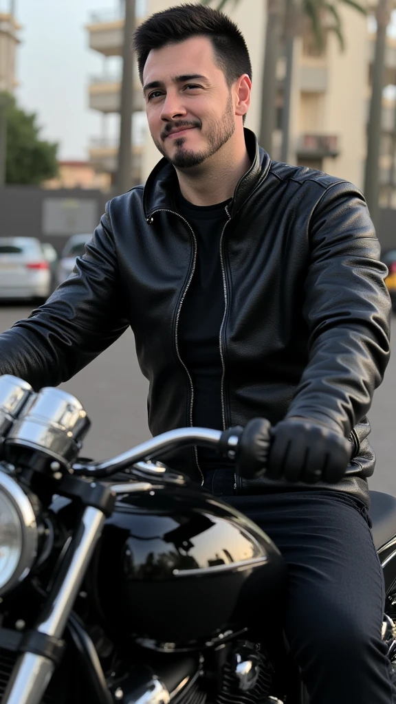 Man from behind showing his black leather biker vest on top of a bobber motorcycle shaking hands with his little son who is also on his back with black leather vest in 2d