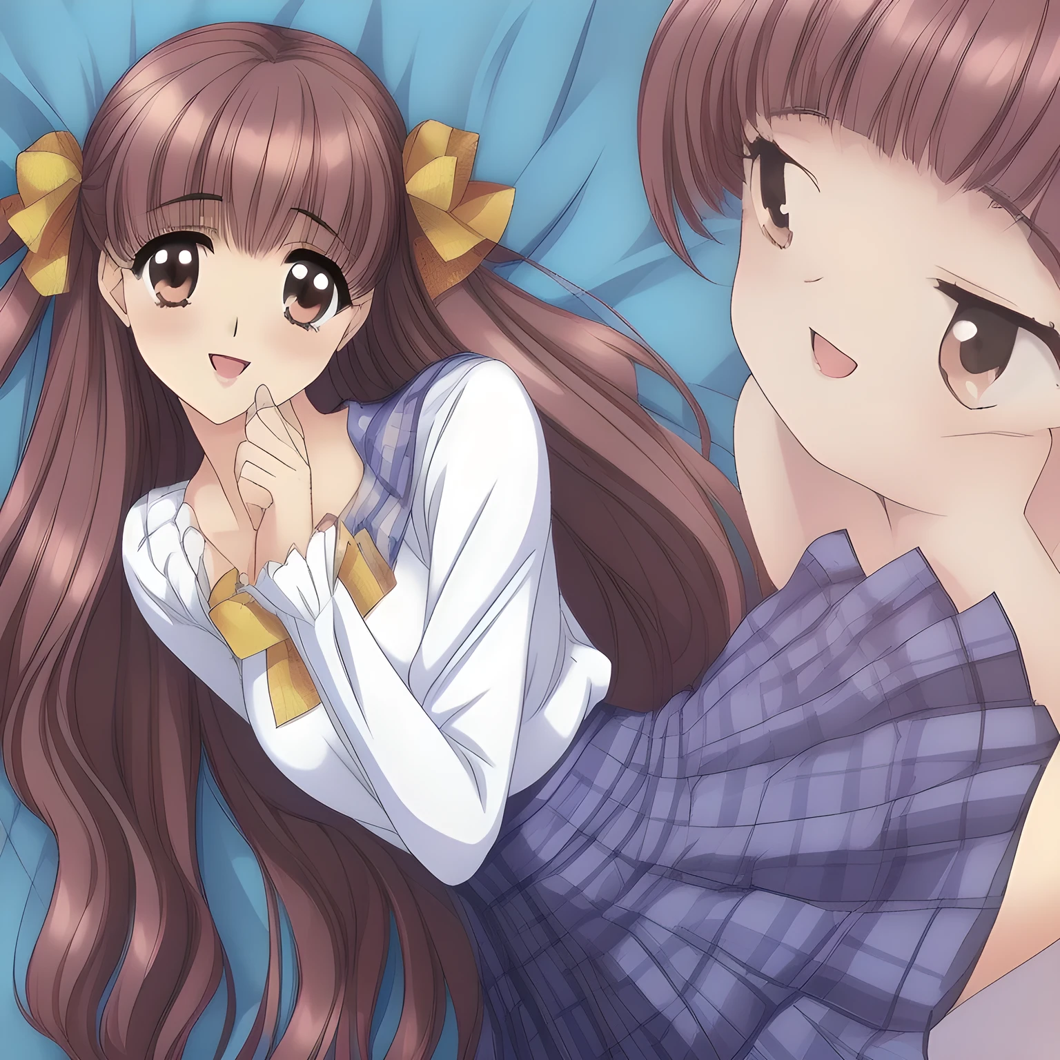(highest quality, masterpiece: 1.6), (A (too beautiful graceful date-game heroine) is lying down on a expensive bed and laughing at me with their pretty open mouth and lovely lips, can't stop giggling, (covering her own breast ribbon with both hands), (Too Beautiful beautiful anime noble heroine), beautiful giggling noble elegant 15yot anime heroines wares completely white frilled girly blouse and (tartan checkered navy blue very-glossy plaid school skirt, beautiful shin), (inviting me into deep harem of siren and succubi), Noble Elegant uniform: 1.5), (white white white frilled blouse, with (pretty shiny large blue scarf made of silk) on the breast: 1.2), (Anime-heroine's girly noble laughing giggling (half closed) brown eyes, the eyes shines and has strong effect of allusion to the viewer: 1.6), (Realistic Charming neat dark-navy-blue very-neat well-pleated long dark-blue checkered glossy expensive plaid school skirt made of metallic-blue-wool: 1.6), (sky-blue background with white heart figured clouds: 1.7), (Eyes, face and hair are especially beautifully detailed and beautifully drawn to seduce: 1.5), (Girl whom everyone loves because of her beauty and lovely fashion and noble manner and magic-charm like succubus: 1.0), (Very beautiful, wavy, cutely super-super-long wavy gorgeous rich dark black hair like hair model, with elegant big yellow hair ribbons: 1.3), (beautiful black hair: 1.5), (Perfect slender body style like a fashion model), (The girls know well about the viewer's super fetishism for school uniforms, and satisfies it completely with her hands and skirts deeply (in the viewer's clear lewd crazy dream): 1.6), (half body portrait side shot: 0.3), ((group violence of girly beauty: 1.5)), ((too elegant smile), very elegant noble pose: 1.5)