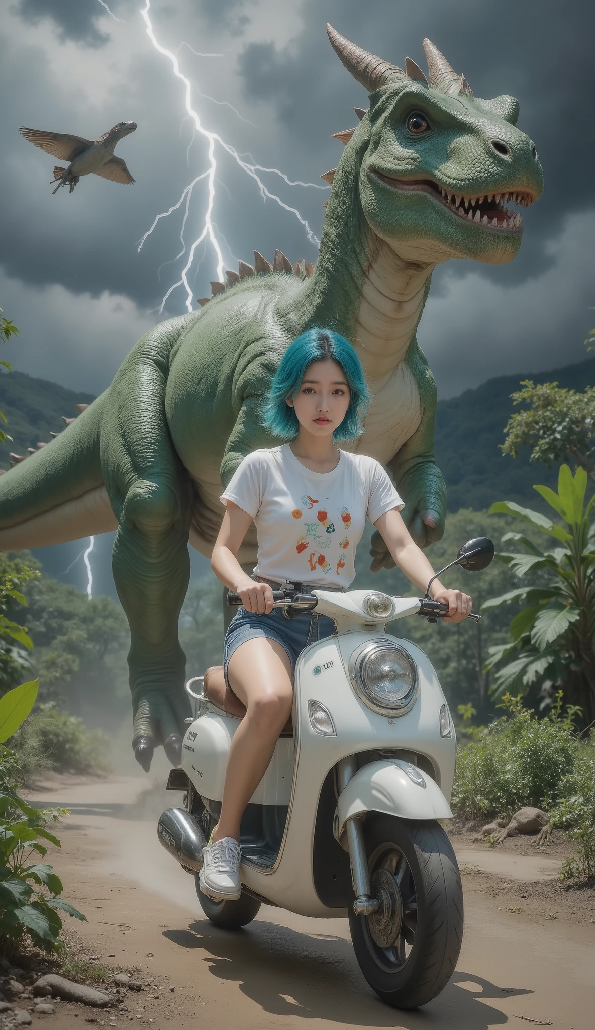 20-year-old Javanese girl . Fairly round face . beautiful face. Brown Skin . short hair. bright blue hair. blue eyes . white shirt with capsules written on it . looks like Dragon Ball Bulma . riding a floating futuristic scooter . The background is set in the dinosaur era . with a green dragon flying behind it .. with lightning flashing in the dark sky . actual
