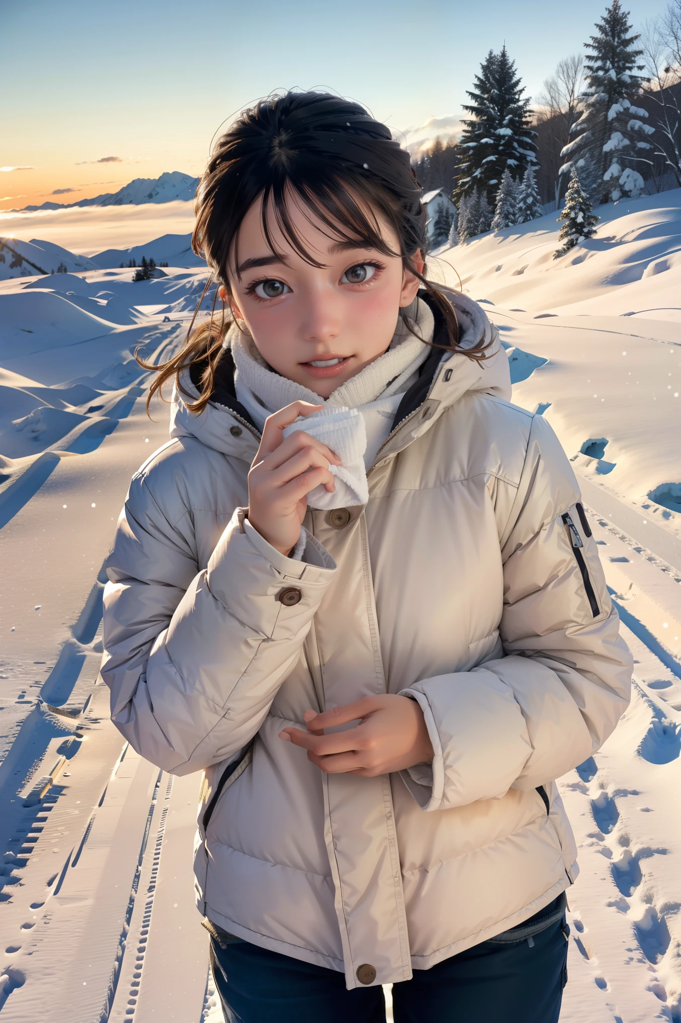 winter, landscape, snow, cold, trembling, snot, breath, runny nose, outdoors, 1girl, solo, milla maxwell, highres, absurdres,
