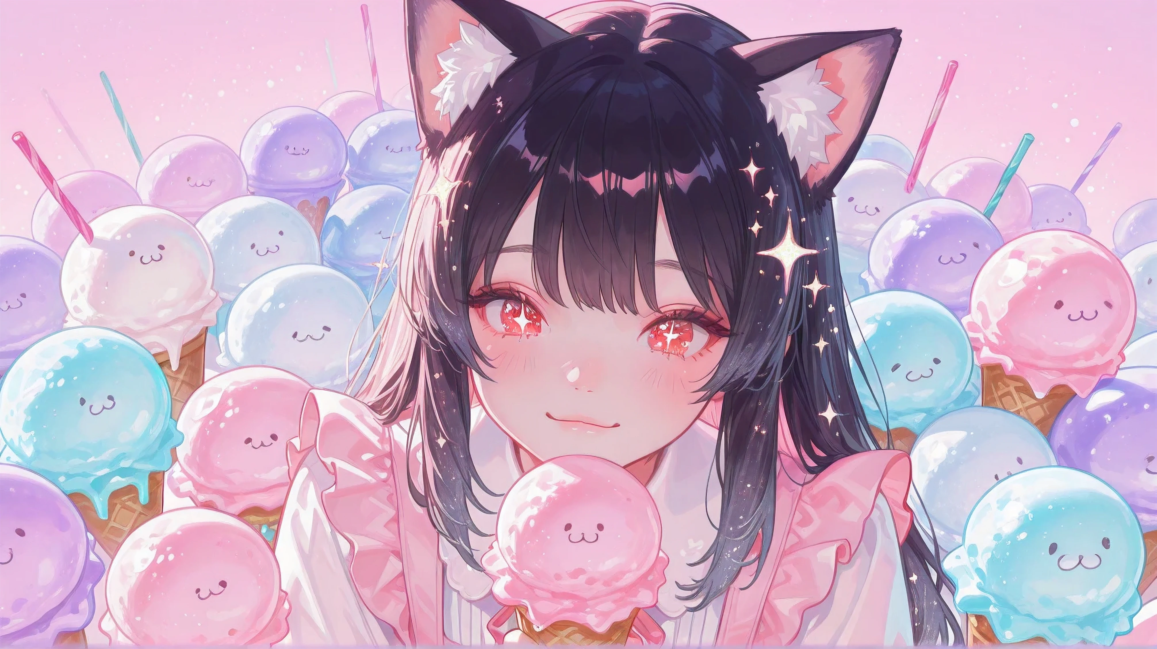 apanese anime style, cute female character, pastel colors, dreamy and soft aesthetic, cat ears, black hair, red eyes, big sparkling eyes, pink cheeks, adorable expression, kawaii vibe, pastel outfit, cute accessories, sparkling glitter around, soft glowing light, floating in a whimsical atmosphere, surrounded by candy, ice cream, and sweet treats, pastel tones, vibrant and soft background, magic sparkles, charming smile, cheerful and playful personality, youthful and energetic, soft and fluffy hair texture, dreamlike scenery, surrounded by stars and glittering sparkles, light and airy pose, realistic details, high quality, detailed textures, smooth lighting, delicate and polished image.

