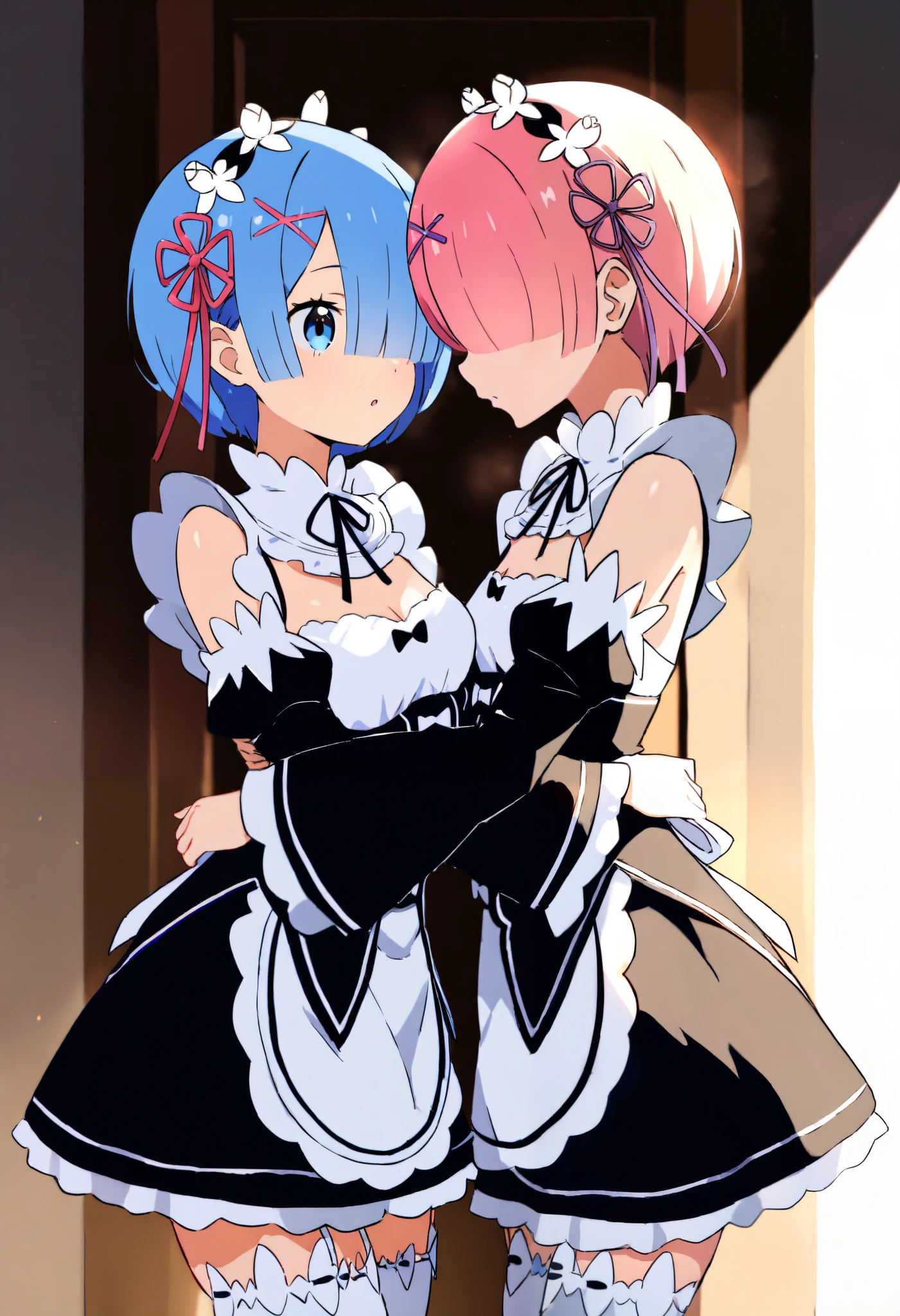 ((year {2021}, masterpiece, high score, great score, absurdres)),  anime style,  woman in maid clothes,  2 women, (Facing each other,  hugをする), REM \(re:Zero\), blue eyes, blue hair,  Hair Ornament , hair over one eye, hair ribbon, short hair, x  Hair Ornament , Nayutaren, blue hair, roswaal mansion maid uniform, ram \(re:Zero\), pink hair, white thighhighs, short hair, red eyes, hair over one eye, hair ribbon, x  Hair Ornament , maid headdress, waist apron, garter straps, black ribbon, small breasts, detached sleeves, neck ribbon, hair flower, roswaal mansion maid uniform,  hug,  sexy,  cinematic lighting, Impressive composition,  chiaroscuro,  detailed interior decoration,