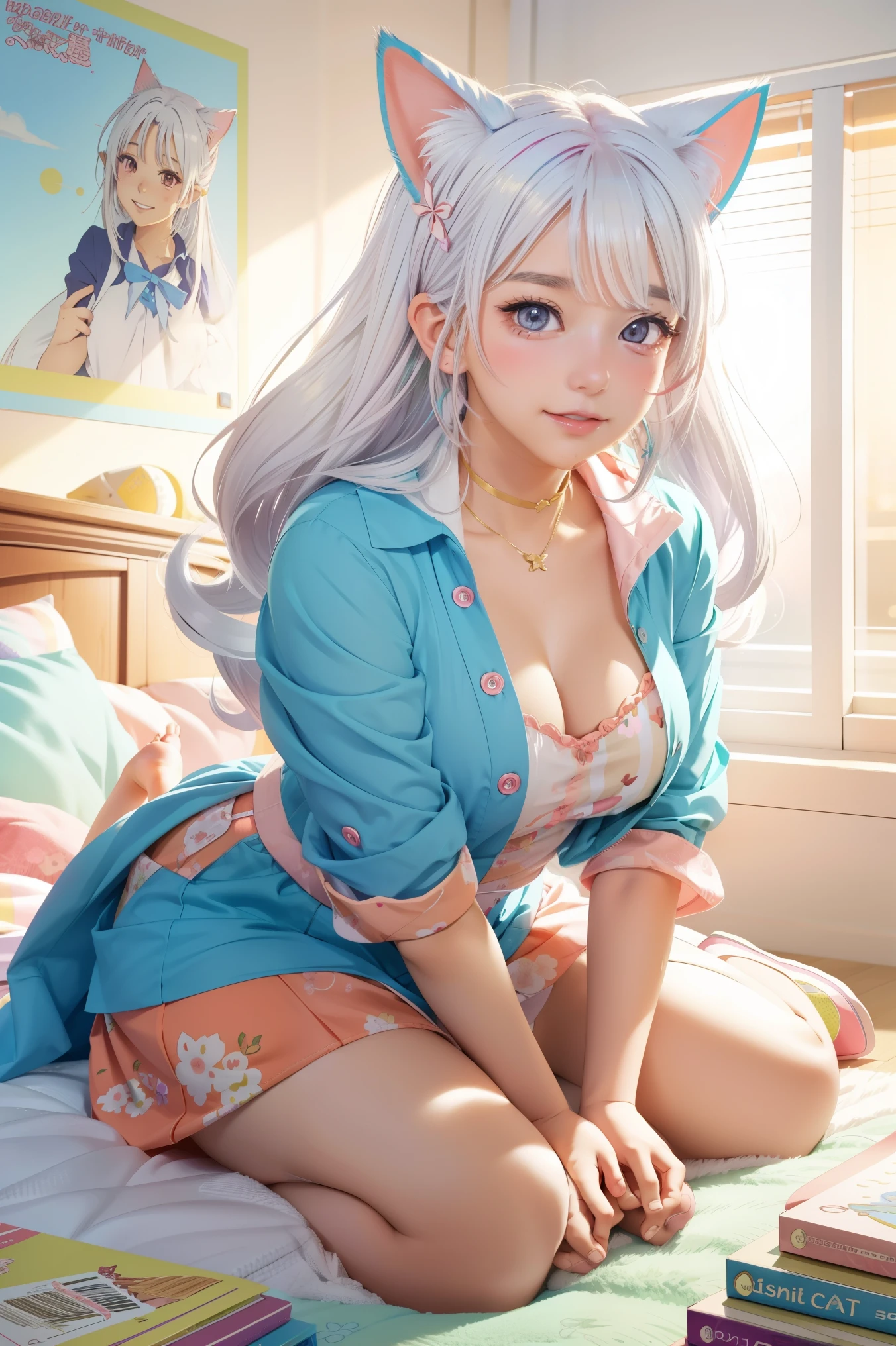 Colorful hair and colorful dress in anime ((cat-eared 1girl)), pastel vivid, rossdraws cartoon vivid, anime style 4k, beautiful anime portrait, artgerm colorful!!!、! dream art germ, beautiful anime, cat ear 1girl, anime style digital art, anime art wallpaper 4k, anime art wallpaper 4k, digital anime art, highly detailed art germ, , full body, sitting in her office, white hair, front view, smirking,