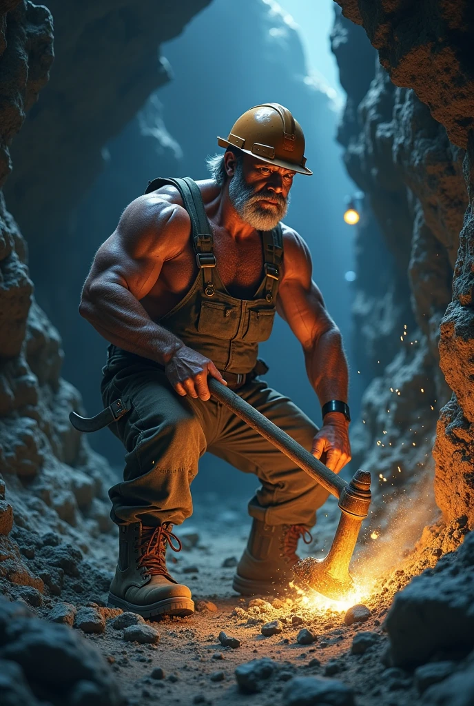 a fireman, shirtless, 79 yrs, holding an ax, behind is fire, wearing fireproof pants, Fireproof boots, Helmet