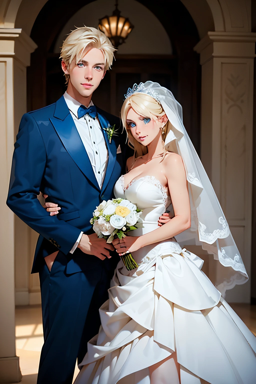 {(one man and one woman) (pose: the man is holding the woman's chin and grinning) (appearance: man with blonde hair and bright blue eyes. woman with black hair and black eyes) (attiribute: women wear wedding dresses and men wear black wedding suits) (background: luxury wedding)