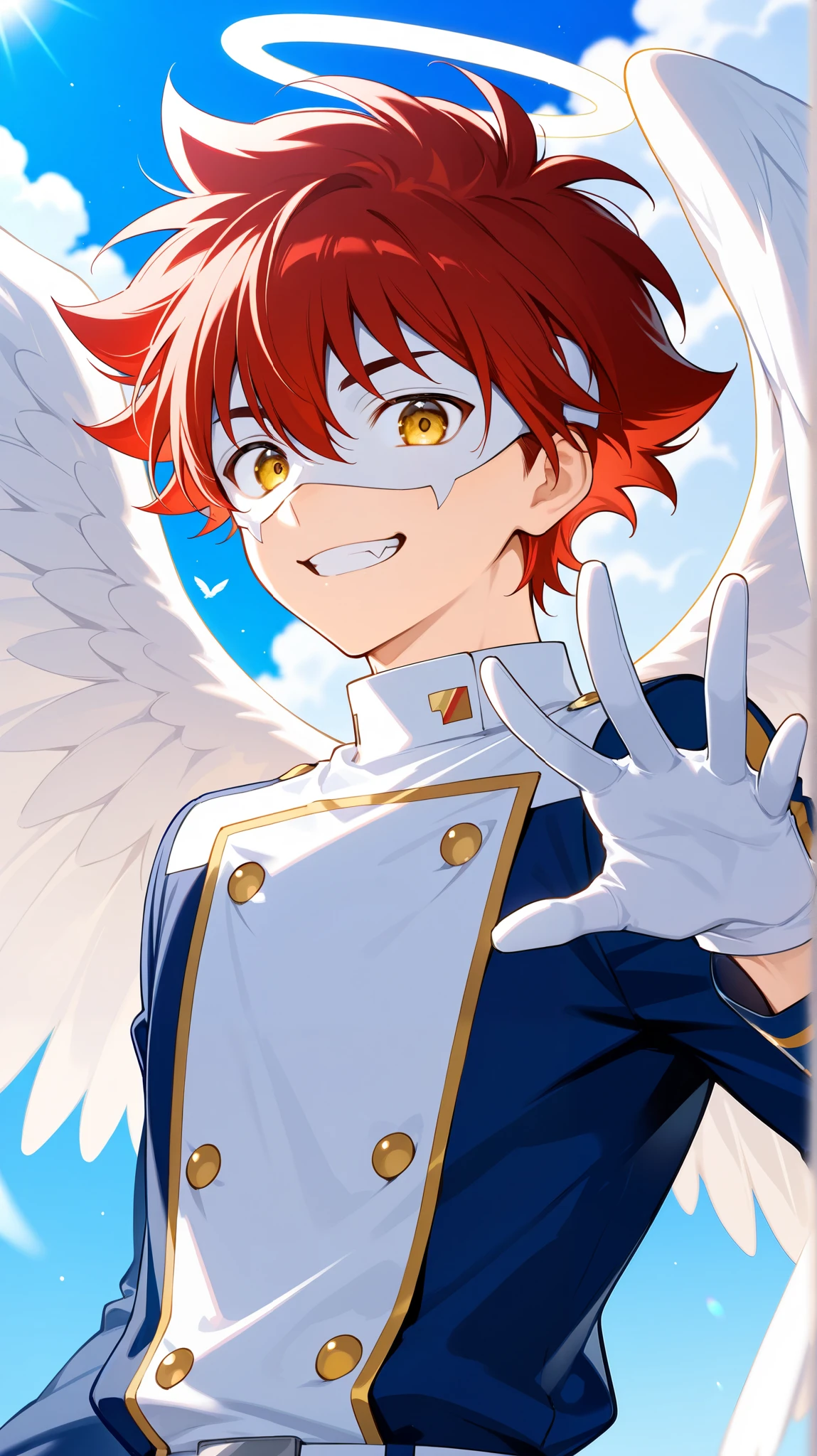 Full pure White hero masked men anime, solo, male focus,white angle uniform,white eye mask,gloves,angel,1boy,mysterious grin,fang out,male focus,big white angel wing,angel halo,golden eyes,day sky clouds heaven bankground,sunshine,light smile,male focus,playful, reki kyan, 1boy, solo, red hair,