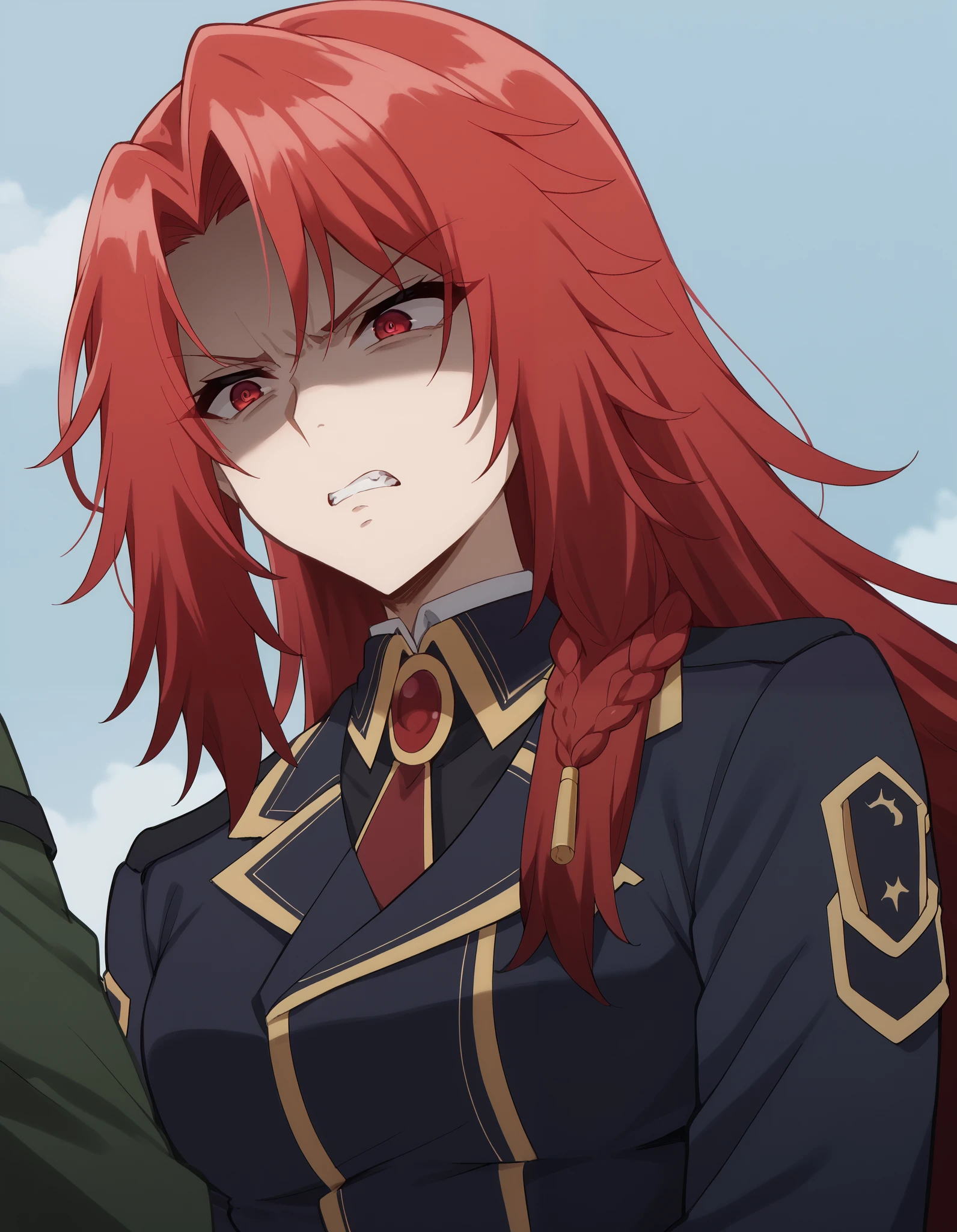 iris midgar, long hair, red eyes, braid, red hair,
skirt, gloves, long sleeves, jacket, necktie, white gloves, uniform, military, military uniform,disgust, lifting own clothes, shaded face, looking down, glaring, clothes lift, skirt lift, teeth,
Waiting to start
