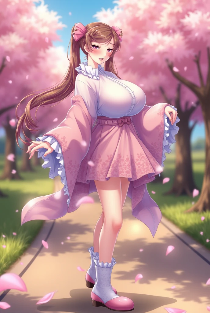 (masterpiece:1.4), high quality, high definition, sharp focus, detailed clothes, detailed body, detailed face, anime, best quality, 4k, 8k, absurd resolution, intricate detail, animation, illustration, highly detailed, highres, extremely detailed, (parted bangs:1.9), curly hair, (long hair:1.1), black hair, thick eyebrows, pale skin, curvy, (plump:1.2), fat, 1girl, hazel eyes, smile, full body, pink shoes, BREAK <lora:S4kur4:1> S4kur4,see-through,cherry blossoms dress,sleeveless, flowers, petals, <lora:hyperdenoiser_v090:0.6>, <lora:perfetfingers:1>, <lora:hyperrefiner_v090:0.6>, <lora:add_detail:0.3>, seductive smile, (large breasts), (parted bangs:1.6), skindentation, <lora:ETO_OC:0.2> ETO-OC, <lora:ETO_OCC006:0.7>, ETO_OCC, (curly hair:1.3), (long hair:1.1), black hair, thick eyebrows, pale skin, curvy, (plump:1.2), fat, 1girl, (hazel eyes:1.3), smiling, looking at viewer, mature female, <lora:mesugaki-10:0.6>, smug, <lora:sensualface_type1:0.6>