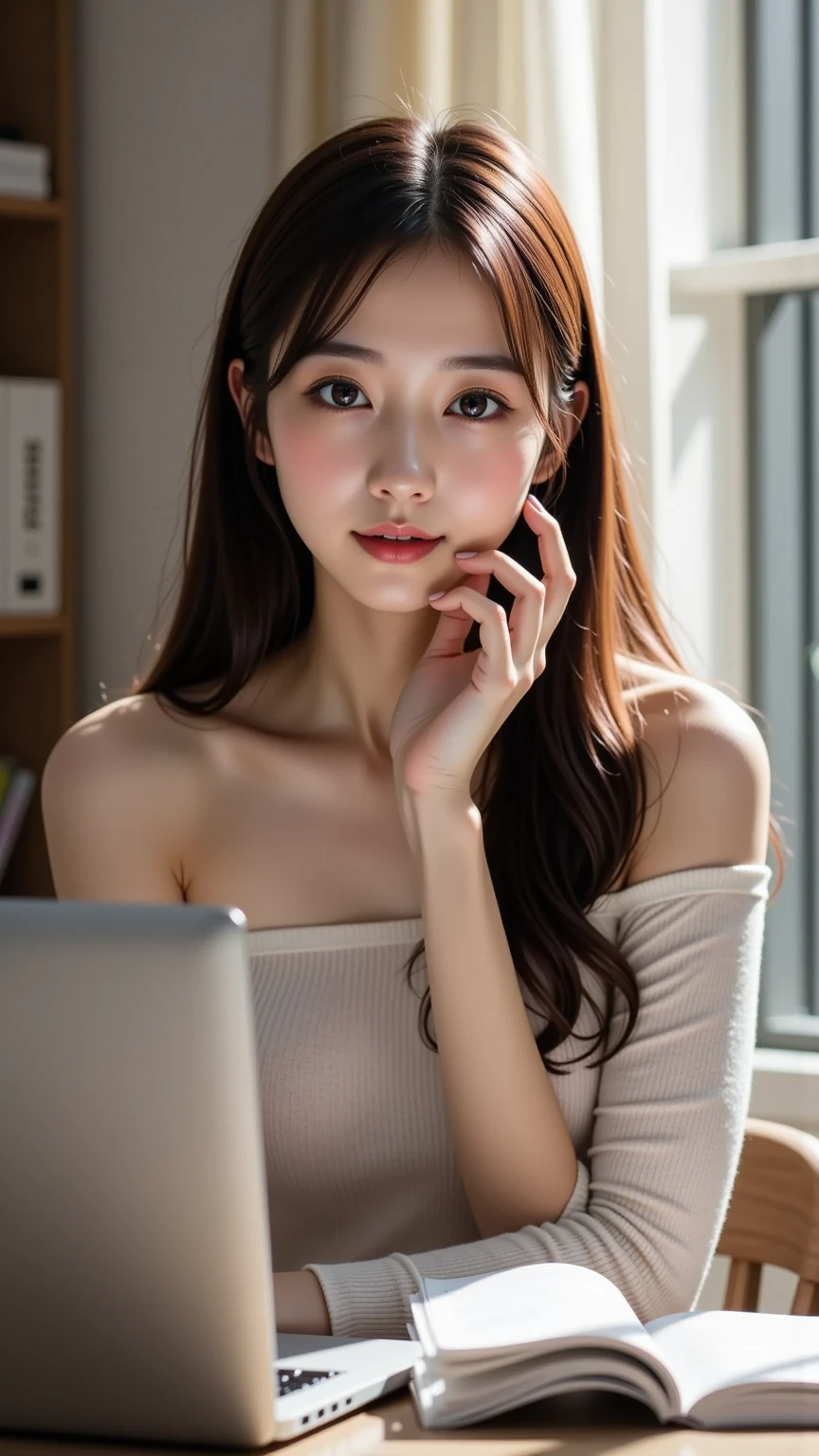 ((of the highest quality, 8K, masutepiece: 1.3, Raw photo)), Sharp Focus: 1.2, (1 AESPA Girl :1.1), Solo, (Realistic, Photorealistic: 1.37), (Face Focus: 1.1), Cute face, hyperdetailed face, night light, brunette short messy hair, Small Smile, slender, nude, (business suit like Off-the-shoulder chiffon dress, skirt: 1.3), (Sitting with one knee up: 1.3), night office room, flower, dahlia
