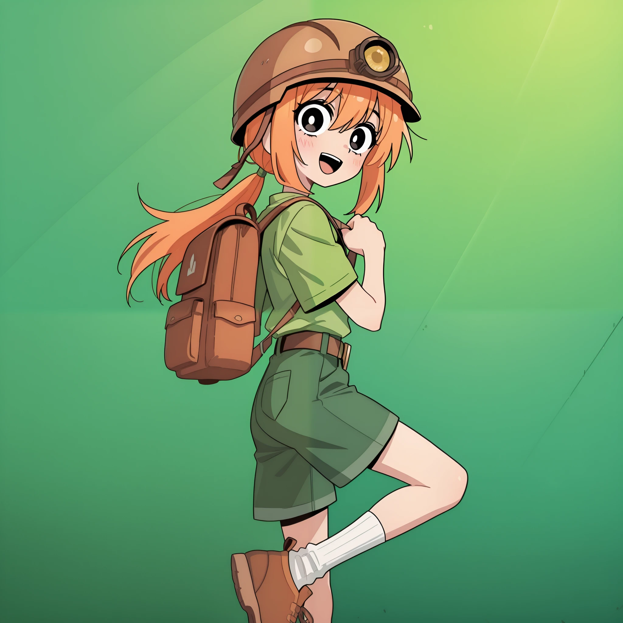 masterpiece, best quality, amazing quality, very aesthetic, high resolution, ultra-detailed, absurdres, newest, Anime screencap, highly detailed, high quality, hyper-Detailed, mistico_ILL. BREAK. 1girl, brown footwear, solo, shorts, socks, black eyes, open mouth, looking at viewer, bag, ponytail, smile, white socks, helmet, short sleeves, blonde hair, backpack, shoes, green shorts, blush, belt, shirt, green background, from side, orange hair, leg up, headlamp, standing, :d, green shirt, long hair, hat