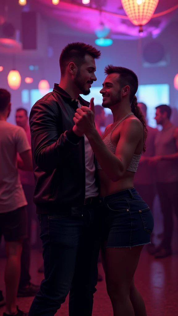 Young handsome white cute attractive man in a bar shirtless with a drink in his hand being lifted up on his arm by a friend with a black hat and black clothes carrying him to bed