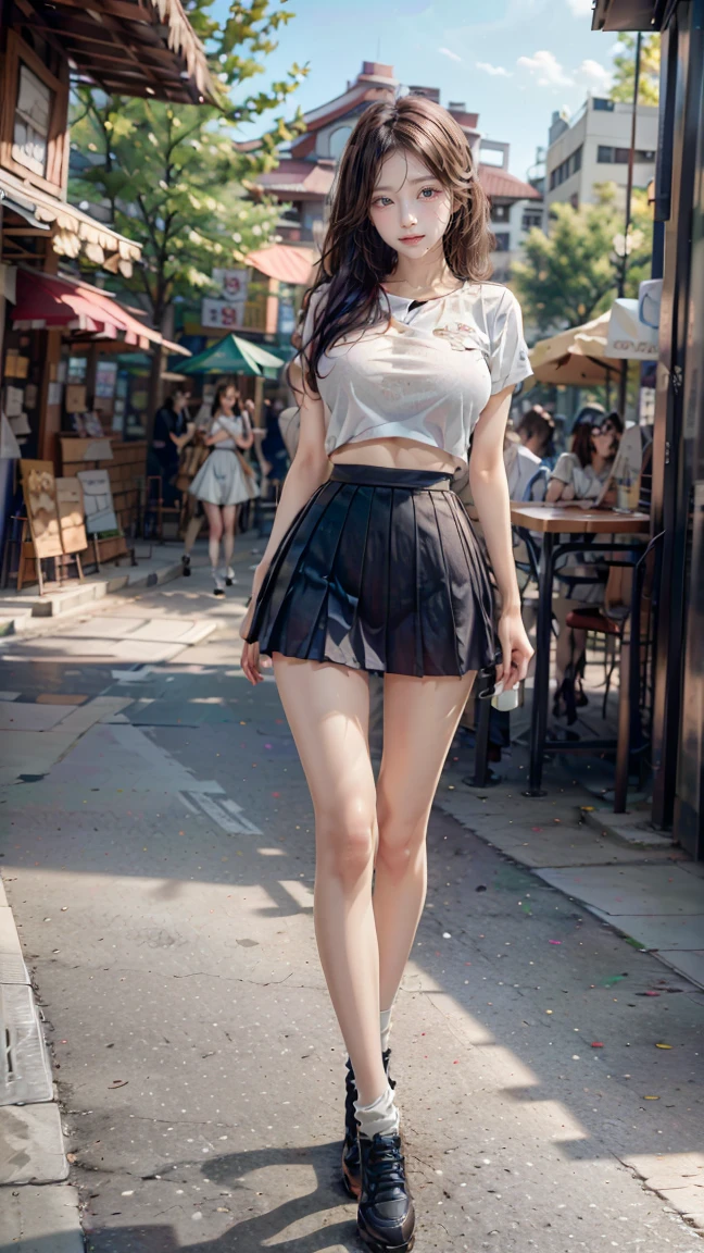 19-year-old woman、Hair color is a gradation of brunette and purple、Eye color is blue、Longhaire、hair is wavy、setting the hairstyle、wearing eye shadow and lipstick、accessories on wrist、Slender but well-proportioned muscular body、a smile、My abs are cracked、The navel is visible、wearing a transparent blouse、I'm wearing a mini-length pleated skirt、I'm wearing thigh-high socks、
