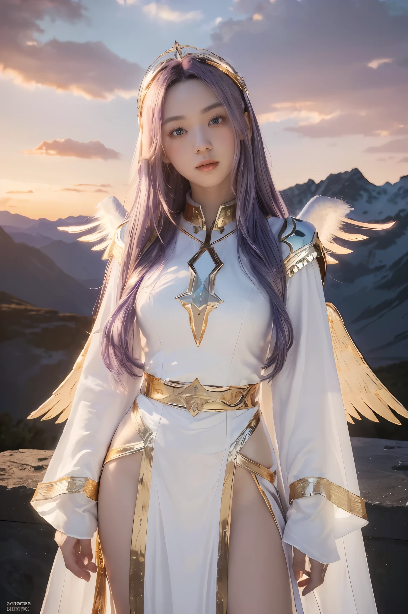 ((masterpiece, best quality, extremely detailed), volumetric lighting, ambient occlusion, colorful, glowing),
1girl, solo, young girl, (purple hair), long hair, halo, aura, sacred, goddess, cleric suit, (white outfit with gold detailst:1.3), angel wings,
outdoors, sunset, sky, clouds, space, (fantasy theme:1.2),