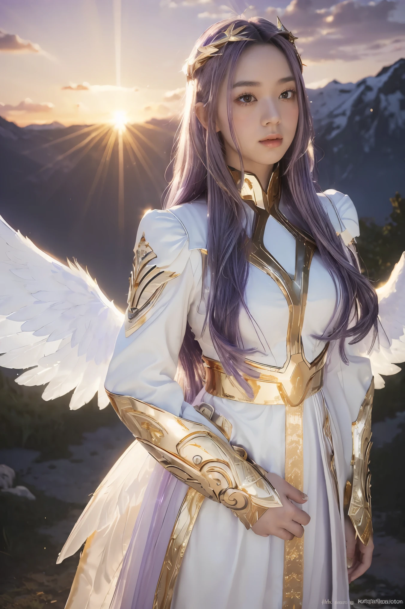 ((masterpiece, best quality, extremely detailed), volumetric lighting, ambient occlusion, colorful, glowing), 
1girl, solo, young girl, (purple hair), long hair, halo, aura, sacred, goddess, cleric suit, (white outfit with gold detailst:1.3), angel wings,
outdoors, sunset, sky, clouds, space, (fantasy theme:1.2),