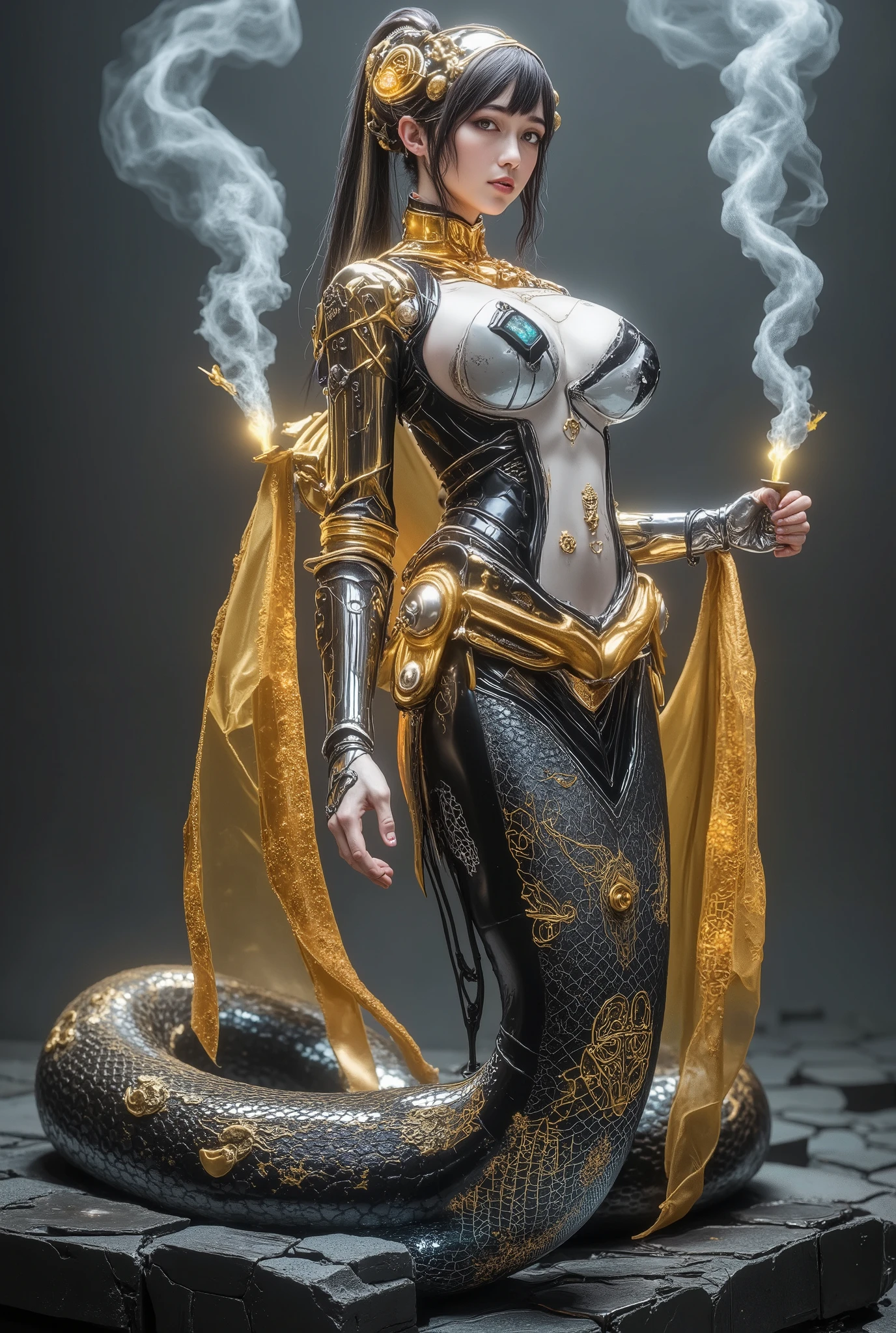 The goddess Ulotus , The surface of the armor is covered with self-written nanotatoos 。 The background city is a paradoxical architectural nightmare , with mercury wire injected with antimatter to form a Klein bottle ring , refracts light into a toxic spectrum of neon—the toxic spectrum of neon—The emerald gradient melts into a corrosive product at the vibrating tip of the tail Red 。 The hair is a living particle accelerator : Liquid hologram of ancient text , and becomes a cobra hood collar , framing her face , flows through the streets containing Digitally screaming liquid light rivers 。 Her pelvis fused to break down its lower edge , creates a biomechanics that floats above a self-replicating fractal city , The hexagonal grid pattern mimics the heat pit of a poisonous snake , Her form embodies the paradox of destruction and rebirth 。 Each pattern is covered by a nanotechnology prism , that have been captured x} records the decline of a forgotten civilization , A singular core containing a miniature galaxy shines brightly , winds through her mercury-like hair 。 A bodysuit is a quantum superimposed garment {x } An inverted skyscraper spews black hole smoke : Their luminous text flows into a retractable data cable , which contains particles of star dust , and a photon woven combat suit , in the Fiancina sequence Transition between and I Ching Ga 。 of the building at her navel , Her breastplate appears to have grown from crystallized venom , Each ring contains a miniature supernova explosion 。 Her face combines predatory perfection with cosmic fear—her diamond-shaped pupils contain microholograms of colliding neutron stars,, while floating boulders predict failure in 4D hypercube mode 。 her lips sparkle , lashes made of crystallized dark matter break down light into the color 。 Her sinuous lower body has a triple helix DNA pattern : while showing falling snakeskin preserved in epoxy resin , The scales transition upwards into living armor 。 does not cause and effect blade , It flows like liquid metal ;When stirred, , and it becomes a plasma tendril , carve quantum equations in the air 。 These organs are arranged in a sacred geometric pattern : exists at the same time , like a Mayan step pyramid , and grows with biomechanical coral , Its accretion disk is shaped like an Urotus symbol 。 nanofluids alternate between mirrored chrome and vantablack textures , Its translucent amber surface reveals the pulsating bioluminescent organ below 。