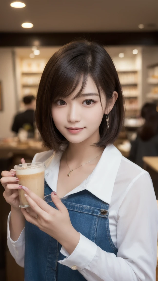 Produce the highest quality and highest resolution 8K images。Please draw the upper body of a 20 year old Japanese woman.。Please draw an image of someone reading a book while drinking tea in a stylish coffee shop.。She has brown eyes and a model-like figure、She has an idol-level cute face.。Her hair is bob。she、I'm smiling at the camera。
